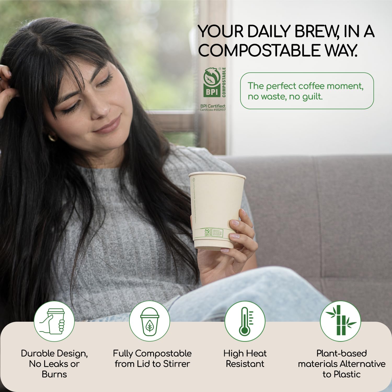 Vasos Desechables de Café Compostables con Agitadores, Mangas Integradas y Tapas de Bagazo. Certificado Biodegradable | [75 Unidades – 12 Onzas]