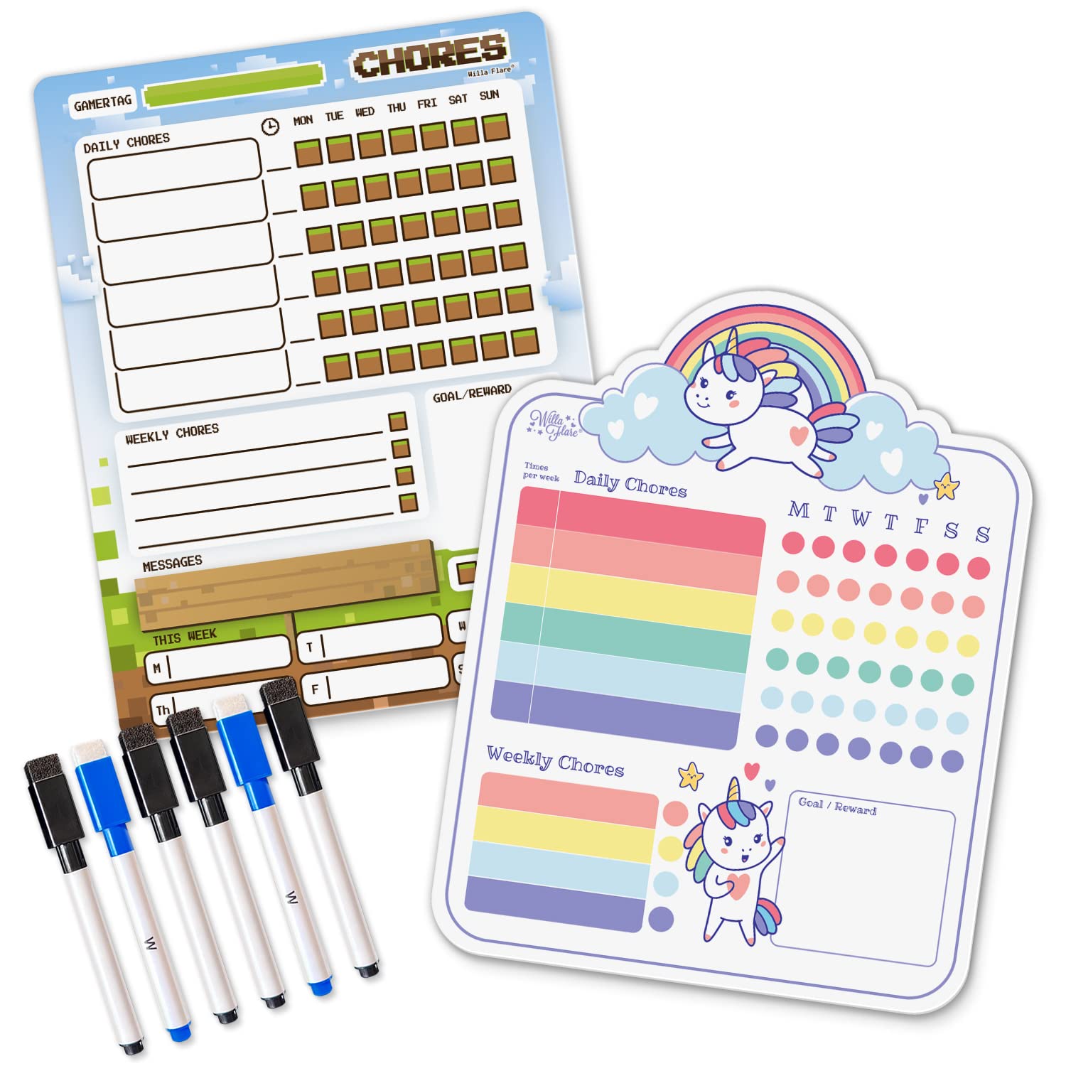 Willa Flare Fridge Chore Charts | Magnetic Chore Chart for Multiple Kids and Adults | Helps to Reward Responsibility with Family Chores Charts | Wet and Dry Erase Markers (Block Craft and Unicorn)