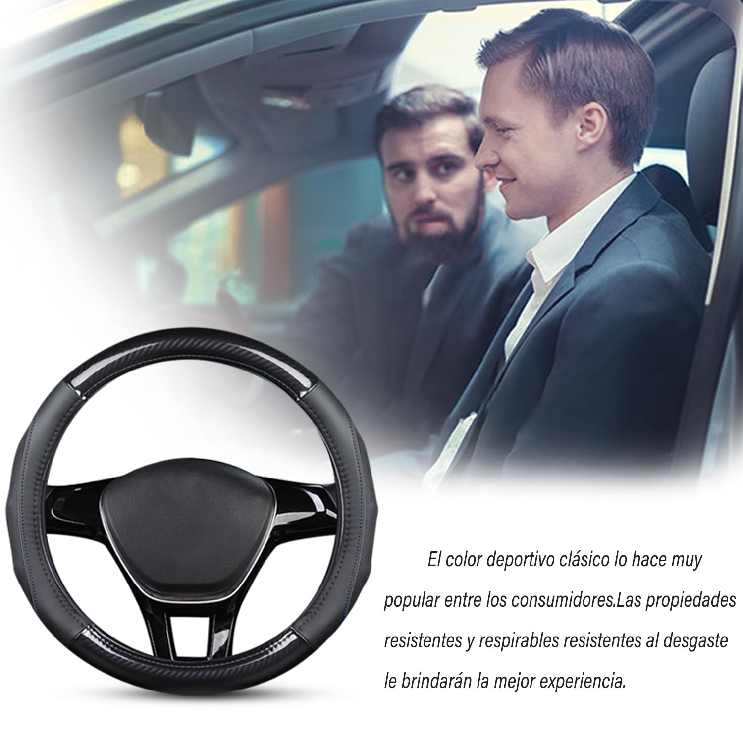 Ergocar Funda Volante De Coche Antideslizante Volante De Coche Protector Forma De D Fibra de Carbono & Piel de Vaca de Primera Capa Para Diámetro 38cm (15 ") (D-negro)