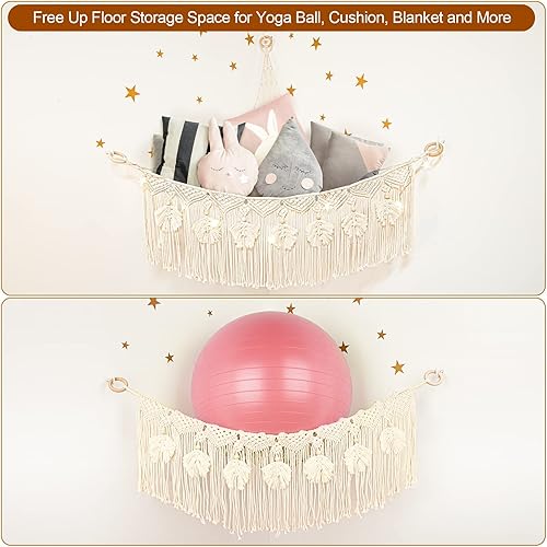 Vista 5 de ANROYE Hamaca de red de juguetes de peluche de macramé con luz de estrella, pequeños peluches bohemios, almacenamiento para guardería, organizador