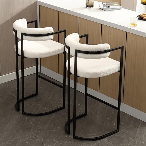 Miniatura 4 de 30Inch Sherpa Bar Stools Set of 2, Modern White Barrel Bar Stools with Comfy Back, Upholstered High Dining Chairs with Black Leg Boucle Kitchen Bar