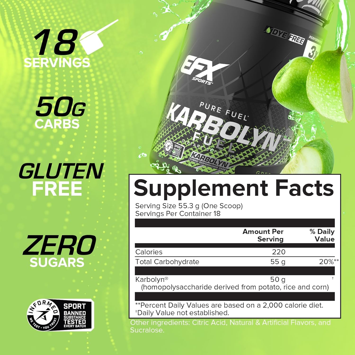 EFX Sports Karbolyn Fuel | Fast-Absorbing Carbohydrate Powder | Carb Load, Sustained Energy, Quick Recovery | Stimulant Free | 18 Servings (Green Apple)