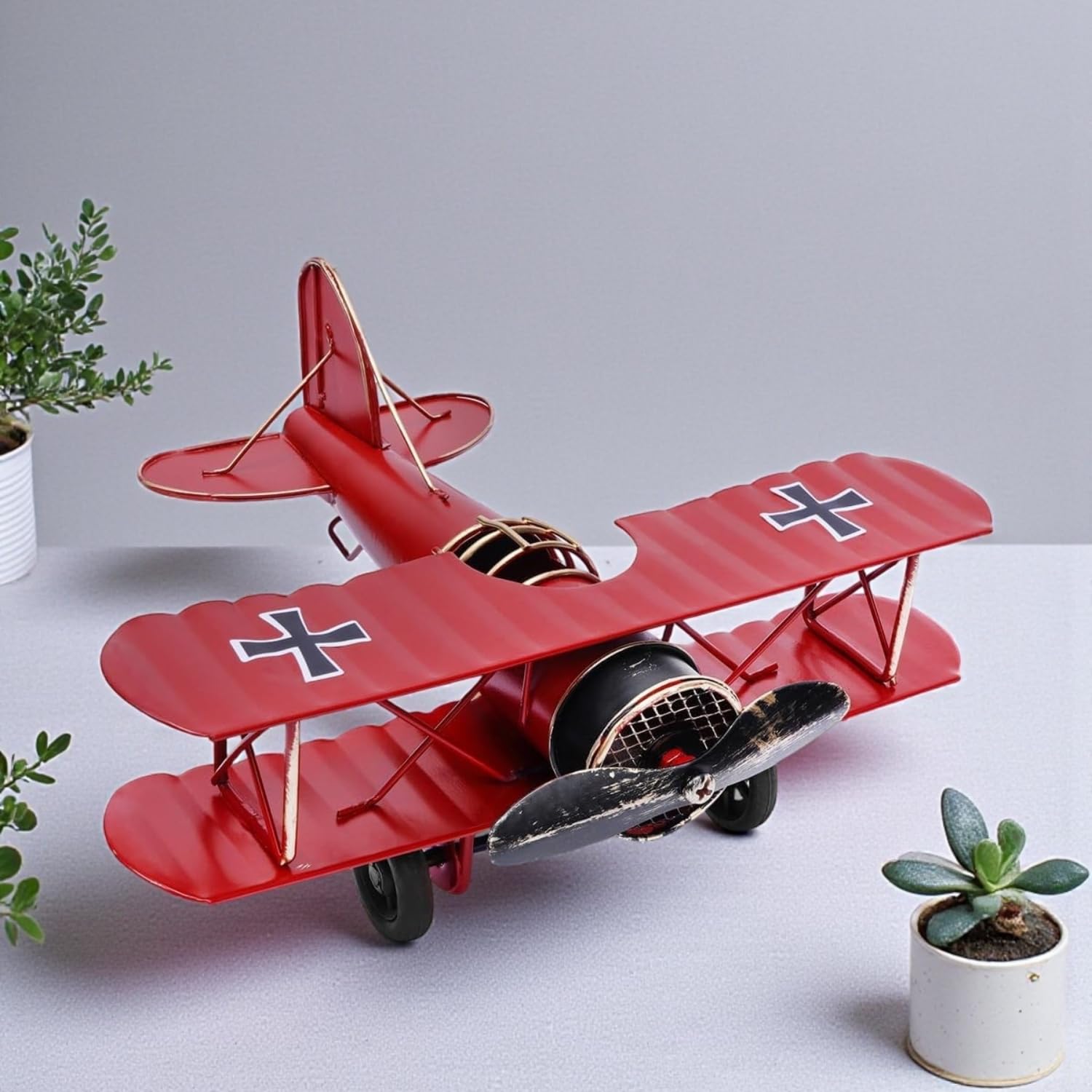 ascension Vintage Red Biplane Metal Model – Retro WWI Fighter Aircraft Showpiece for Home, Office, Study Table, Desk, Decoration Accessories Retro Airplane Model Perfect for Decor & Kids Gifts Item-image-14