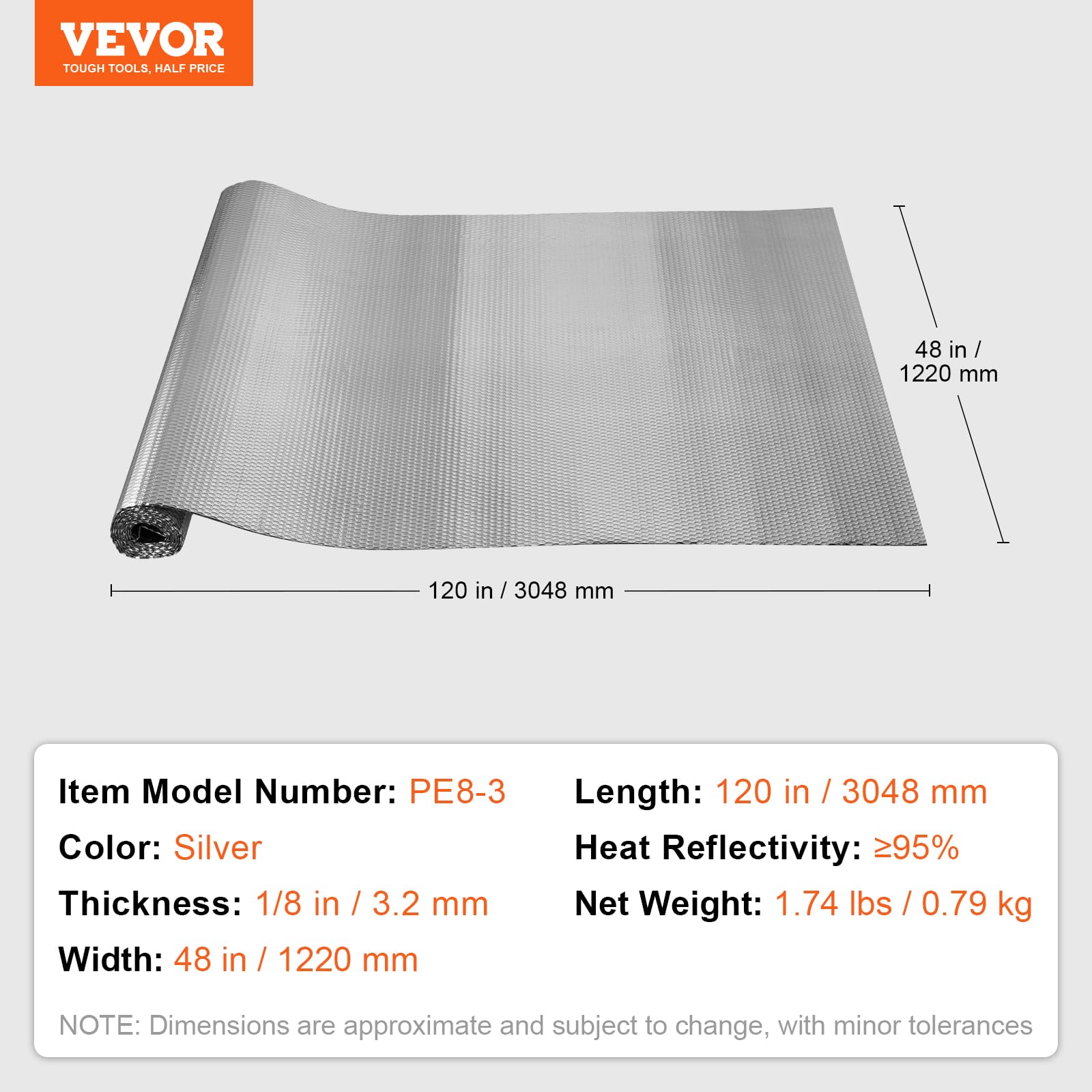 VEVOR Rotolo di Isolamento Riflettente Doppio, Barriera Radiante con Anima in Schiuma, 122 cm x 304 cm, Scudo Riflettente del Calore in Schiuma EPE Alluminio Bifacciale, per Finestra Tetto Camper