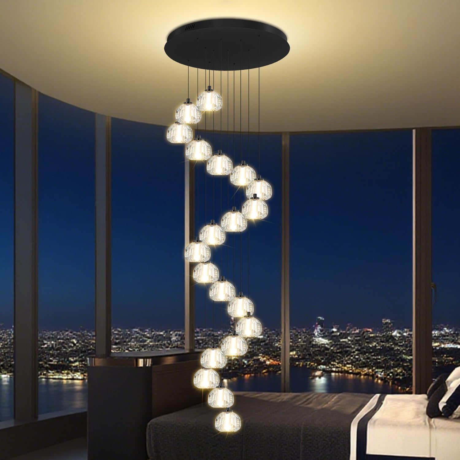 20-Light Black Modern LED Bubble Crystal Chandeliers for Entrance High Ceiling Chandelier Adjust Hanging Pendants Lighting for Stairwell Hallway Foyer