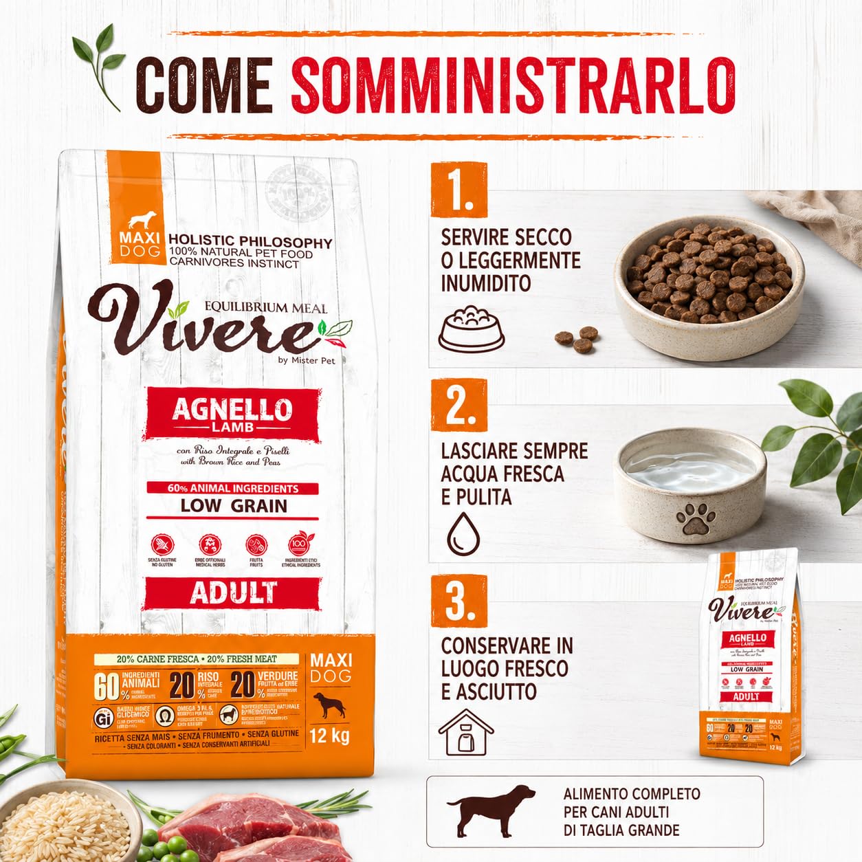 Vivere Adult Maxi Crocchette Cane Adulto 12 kg con Agnello, Mangime Secco Low Grain Gluten Free per Cani Taglia Grande, Alimento Completo con Omega 3, Prebiotici, Frutta ed Erbe, 12 kg