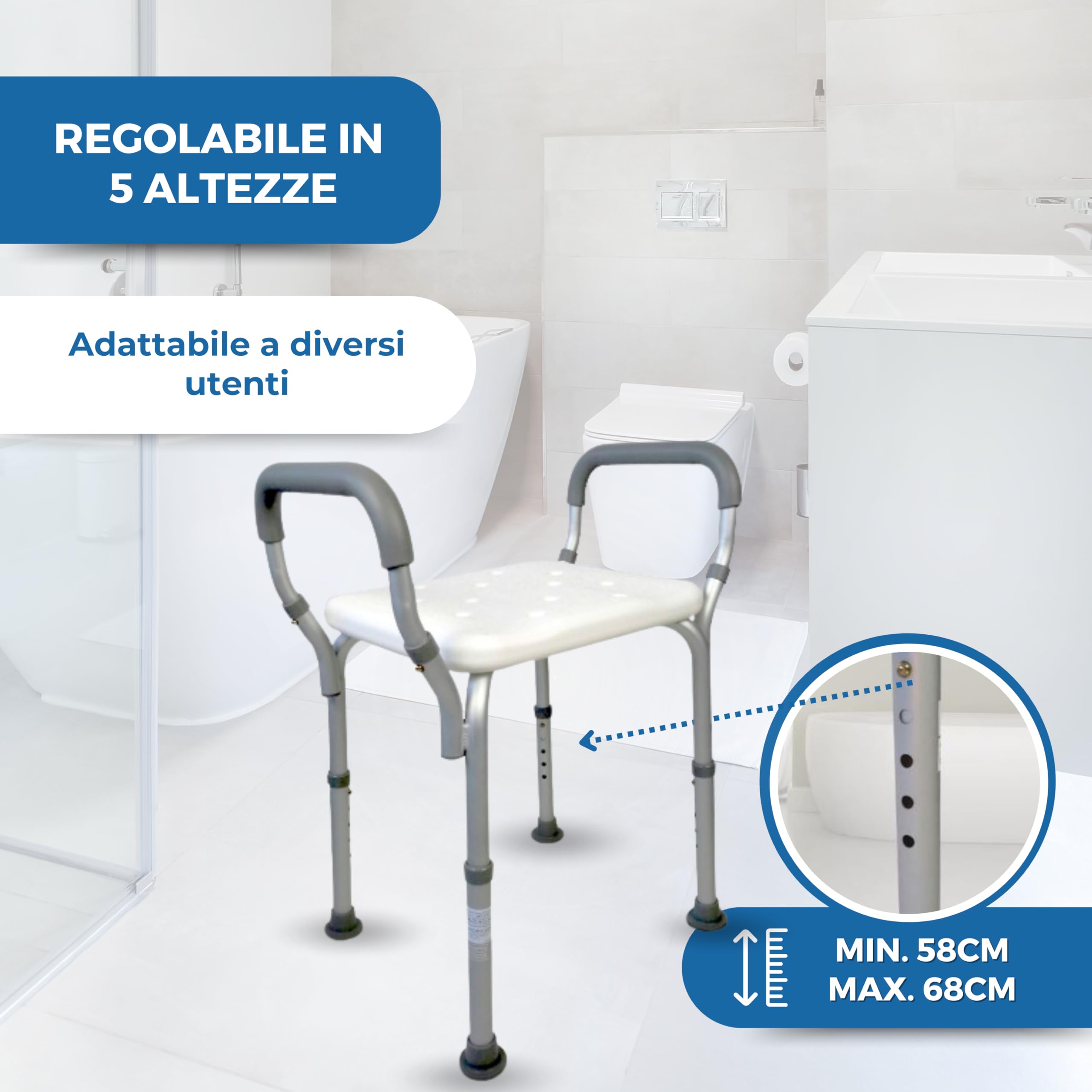 Mobiclinic®, Sgabello Doccia, Altezza Regolabile, Acueducto, Sgabello da Bagno, Puntali Antiscivolo, con Braccioli, MAX. 100 kg, Alluminio, Bianco