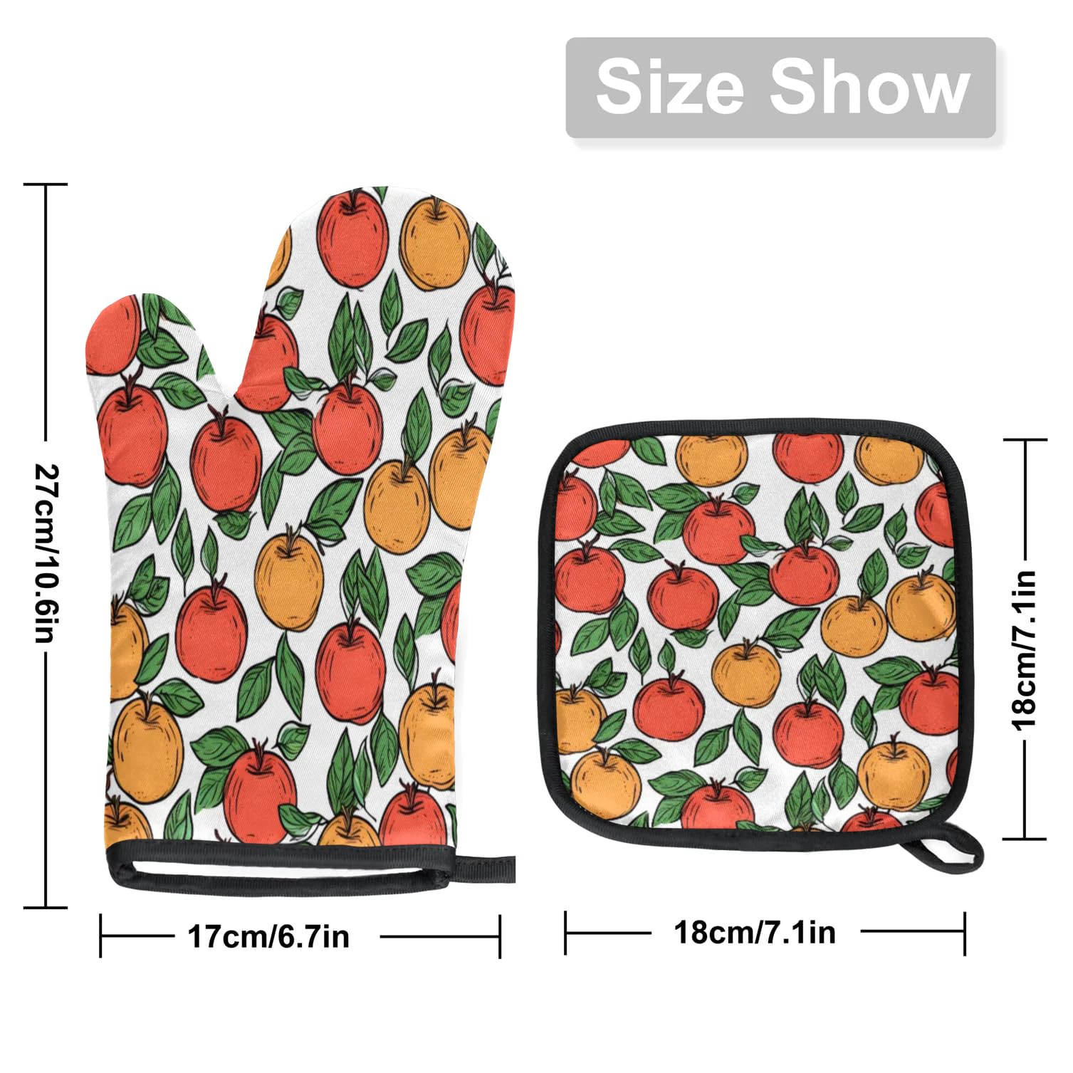 Watercolor Apples Oven Mitts Kitchen Oven Gloves for Cooking Baking Heat Proof Lining Cotton Kitchen Potholder Mittens Pot Holders Hot Pads for Chef Women Men
