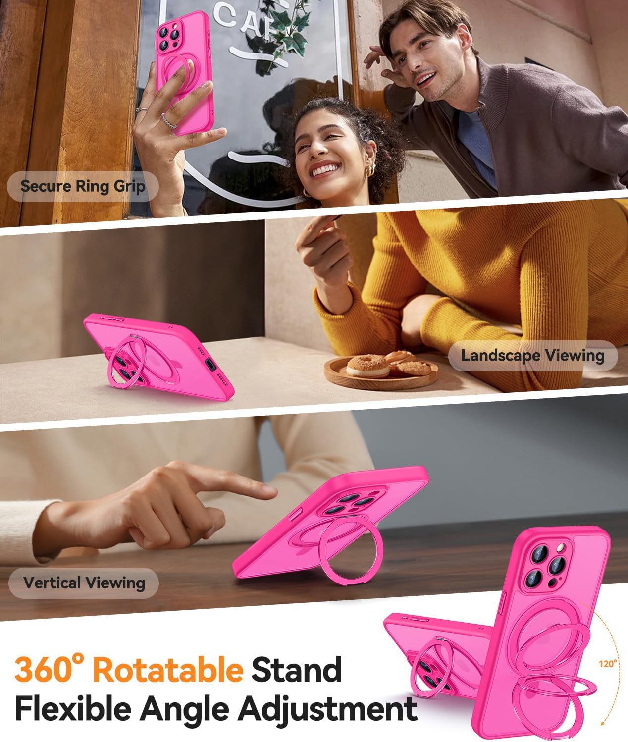 CANSHN 360° Spin Magnetic Stand for iPhone 15 Pro Max Case [Full Camera Protection] [Compatible with Magsafe] [Translucent Matte] Shockproof Protective Kickstand Phone Cover 6.7" - Hot Pink