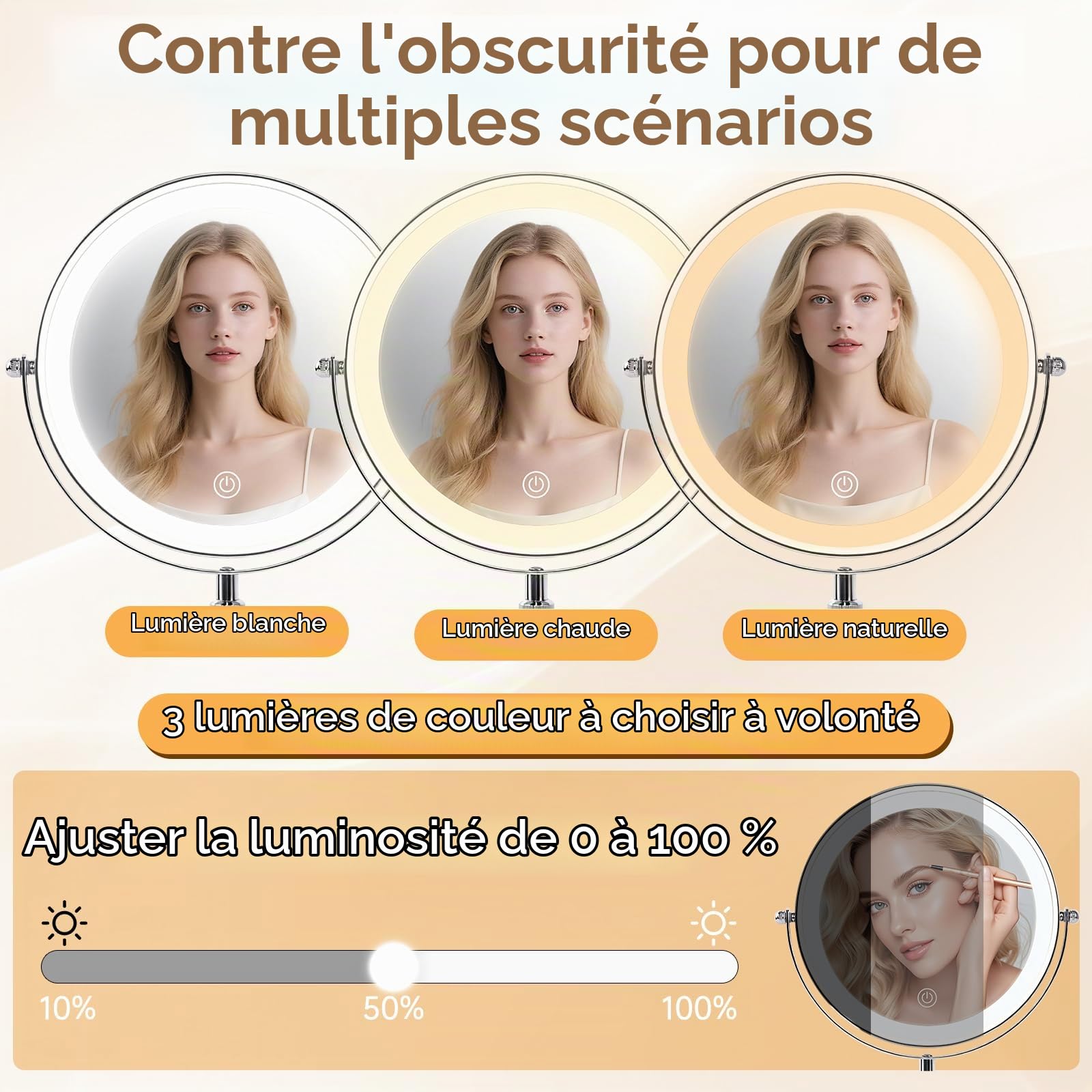 iklestar 20cm Mirroir Maquilleur Lumineux, 10x Rechargeable Miroir Grossissant Lumineux sur Pied, Portable LED Rond Miroir de Table avec Rotation à 360°,3 Couleurs Lumière, Argent