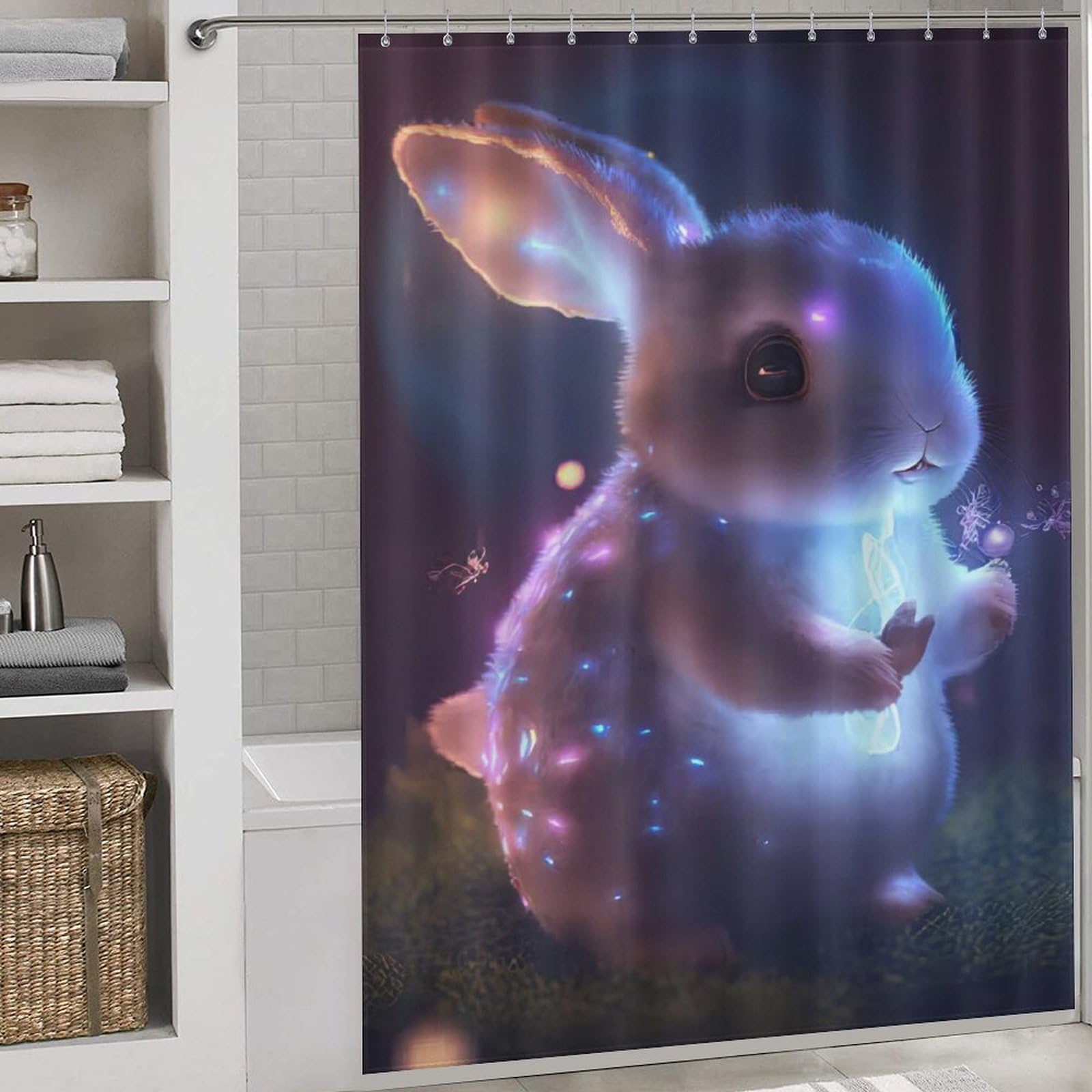 Rideau de douche lapin en polyester imperméable lavable avec 12 crochets 168x183cm pour baignoire