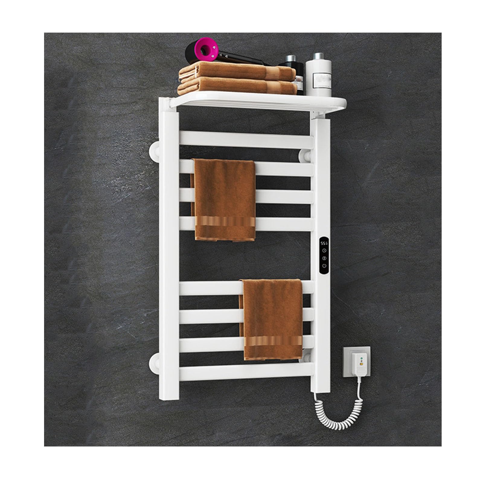 Chauffe-serviettes mural blanc au design épuré avec étagère