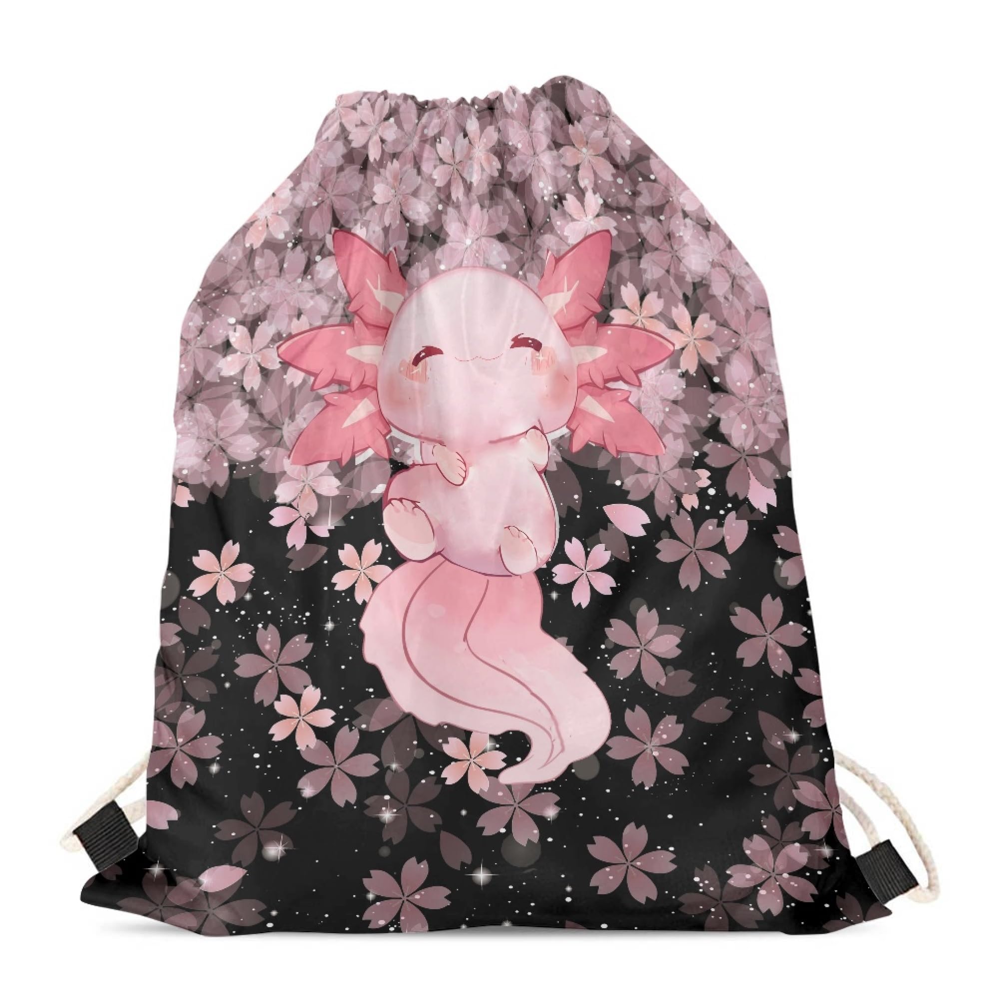 Upetstory Cute Axolotl Drawstring Backpack Cherry Blossom Drawstring Gym Bag for Women Teen String Sackpack PE Kit Bag Swim Sport Beach Cinch Pack
