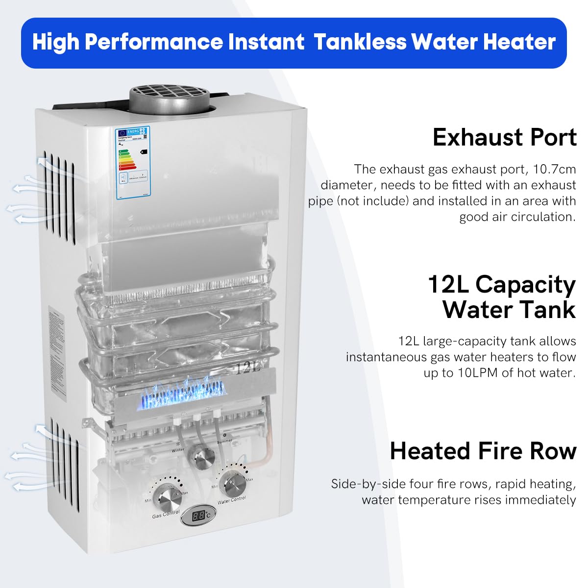 Xverycan Calentador de agua de gas de 12 litros, 24 kW, GLP, propano butano, sin tanque, para uso doméstico, camping, caravanas, cabinas al aire libre, graneros