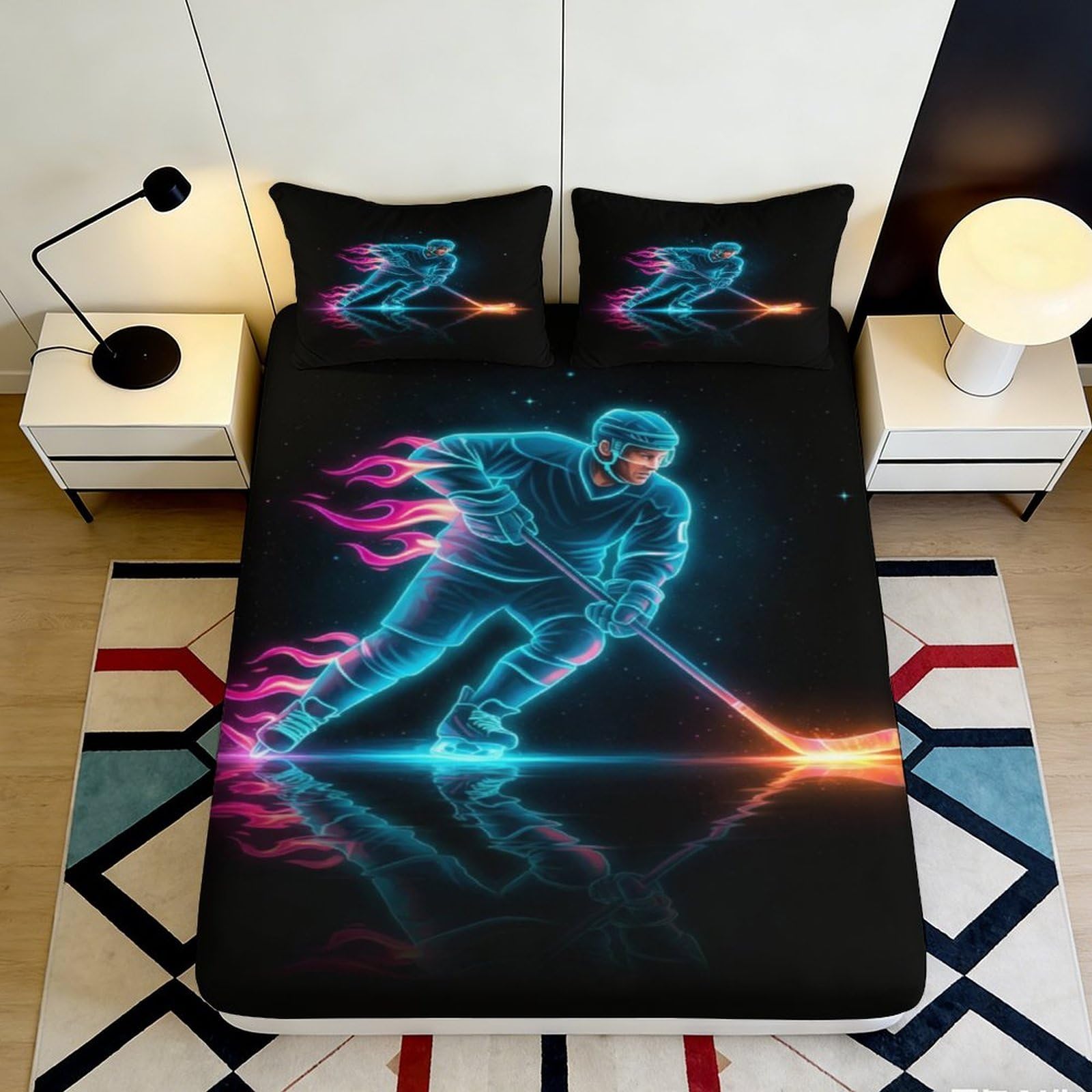 3D Printed Neon Hockey Player Fitted Sheet Microfiber Soft Breathable Flaming Sports Bed Cover for Bedroom Dormitory Guest Room Mattress Protection Decor 200x200x25cm