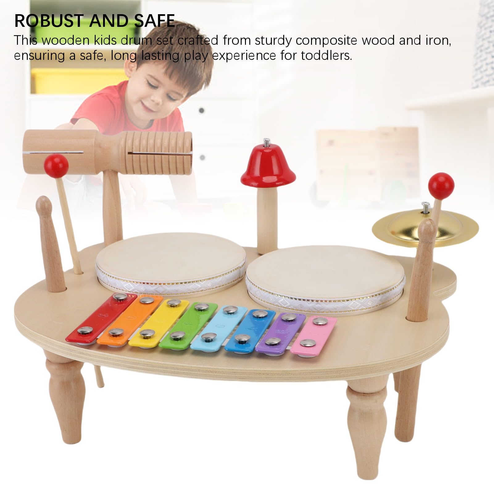 Topiky Giocattolo a Percussione Musicale in Legno per Bambini Piccoli, Set di Batteria Educativa per Coordinazione Occhio-mano con Piatto, Campana e Sonaglio, per Sviluppare abilità Motorie, Regalo di