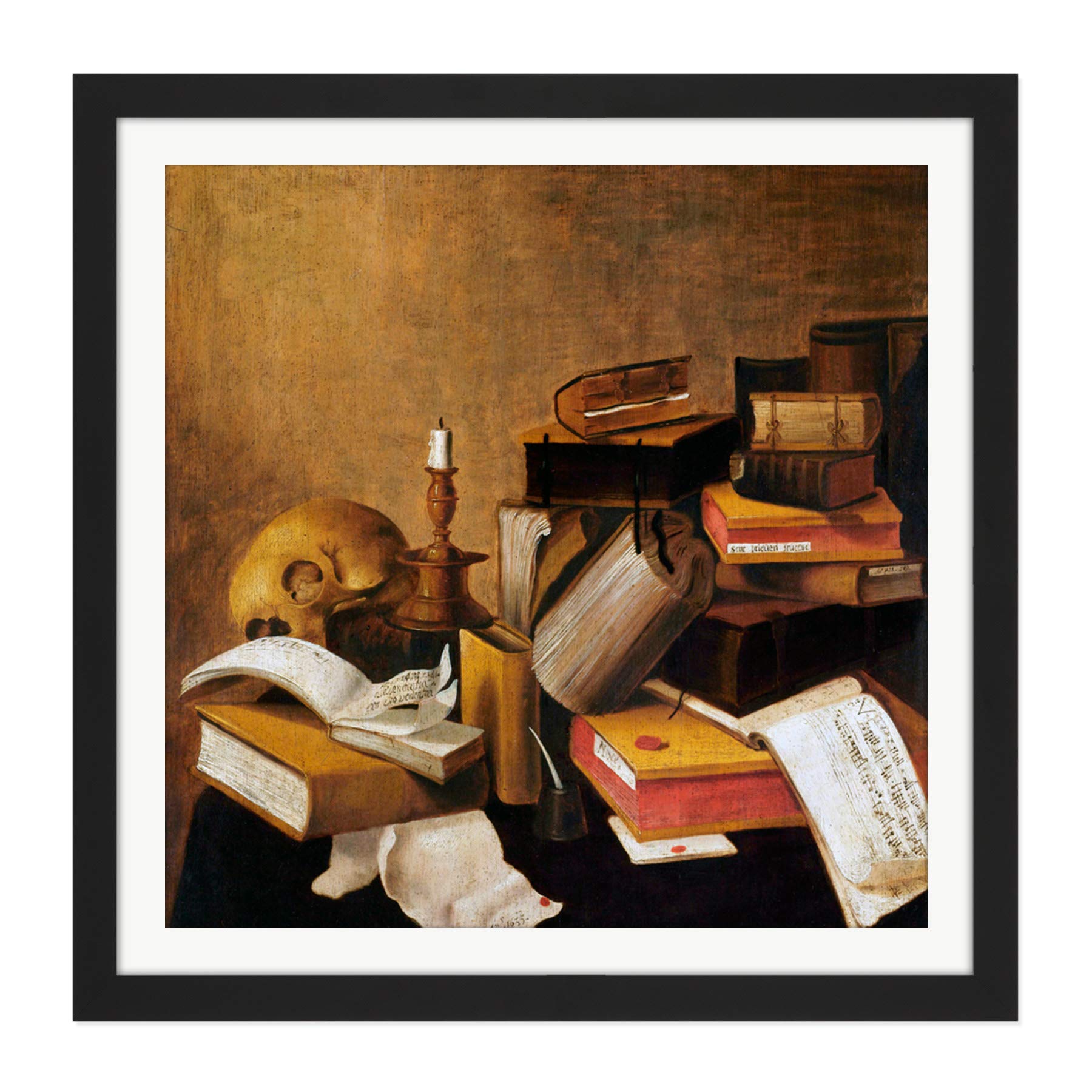 Artery8 Vanitas Still Life With Books Painting Square Wooden Framed Wall Art Print Picture 16X16 Inch