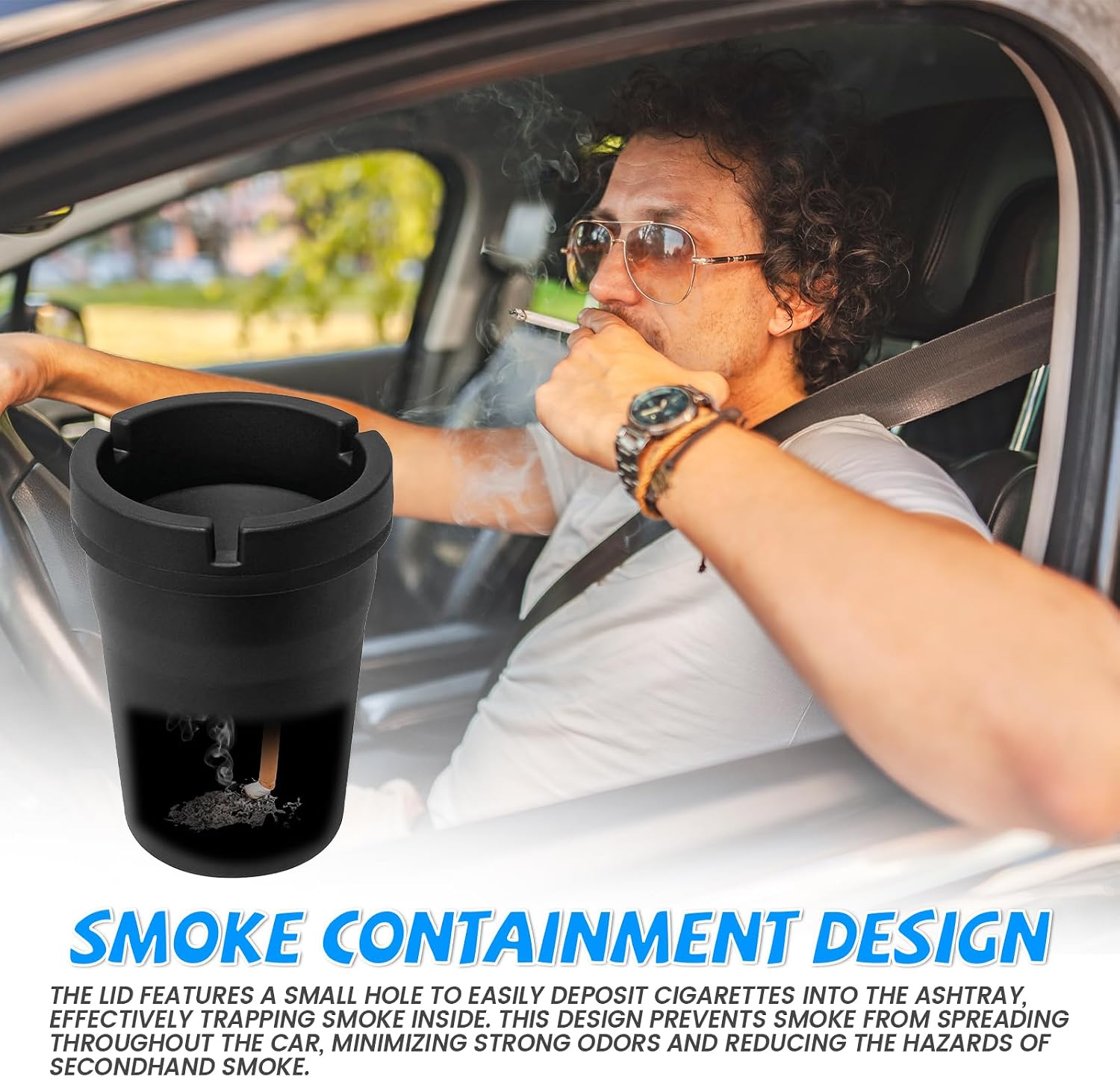 Car Ashtray, Windproof Smokeless Smellproof Self-Extinguishing Portable Mini Car Trash Can, Fits Most Car Cup Holders for Auto Office Home (Black)