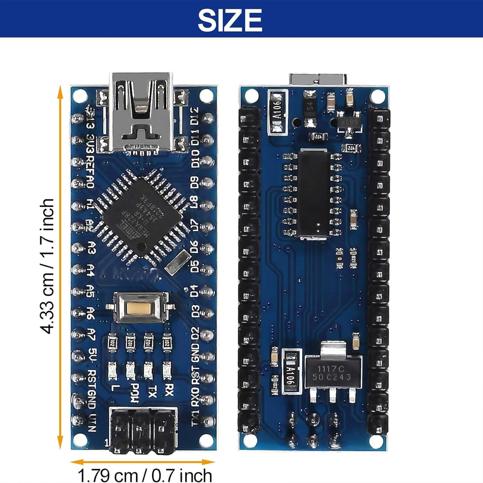 Set di 4 pezzi: mini moduli scheda controller per Nano V3.0 ATmega328P compatibile con Arduino, viene fornito con cavo USB + adattatore terminale a vite di espansione I/O Shield Breakout per Nano V3.0
