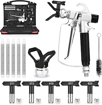 GROGR-3600 PSI Airless Paint Sprayer Gun Kit with Tip Guard & 5 Pieces Tips & 5 Pieces Airless Paint Spray Gun Filter & Spraying Equipment Storage Box 211,313,415,517,623
