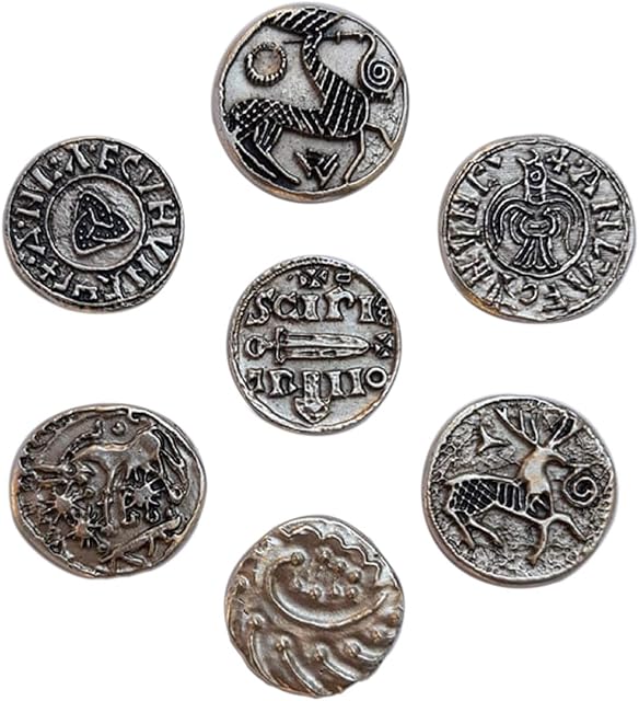 Eurofusioni Viking coins silver plated. Original gift gadget idea for fans, Cosplay, Fantasy. Set 7 replica coinage treasure of the Vikings