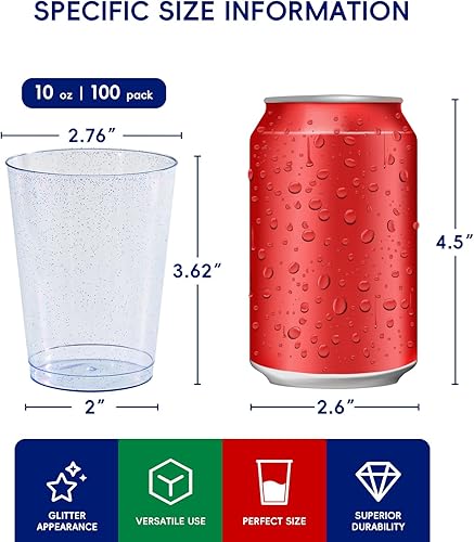 Vista 2 de JOLLY CHEF Paquete de 100 unidades de vasos de plástico azul de 10 onzas, vasos desechables azules, elegantes vasos de fiesta con purpurina