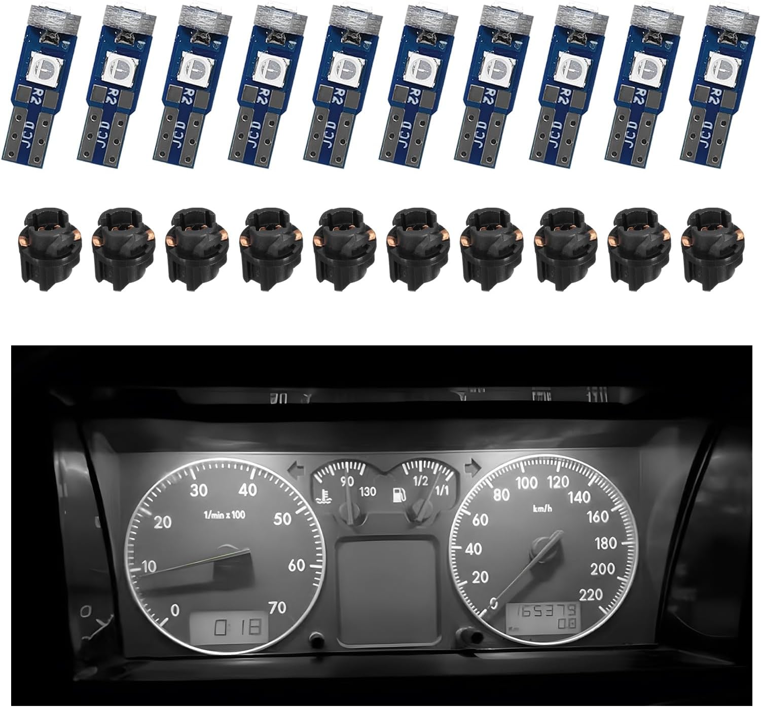 10PCS T5 LED Lights for Car Dashboard, Super Bright 3030-3SMD Auto Bulb with Twist Lock Socket, Interior Instrument Panel Gauge Indicator Replacement, Car Accessories (White)