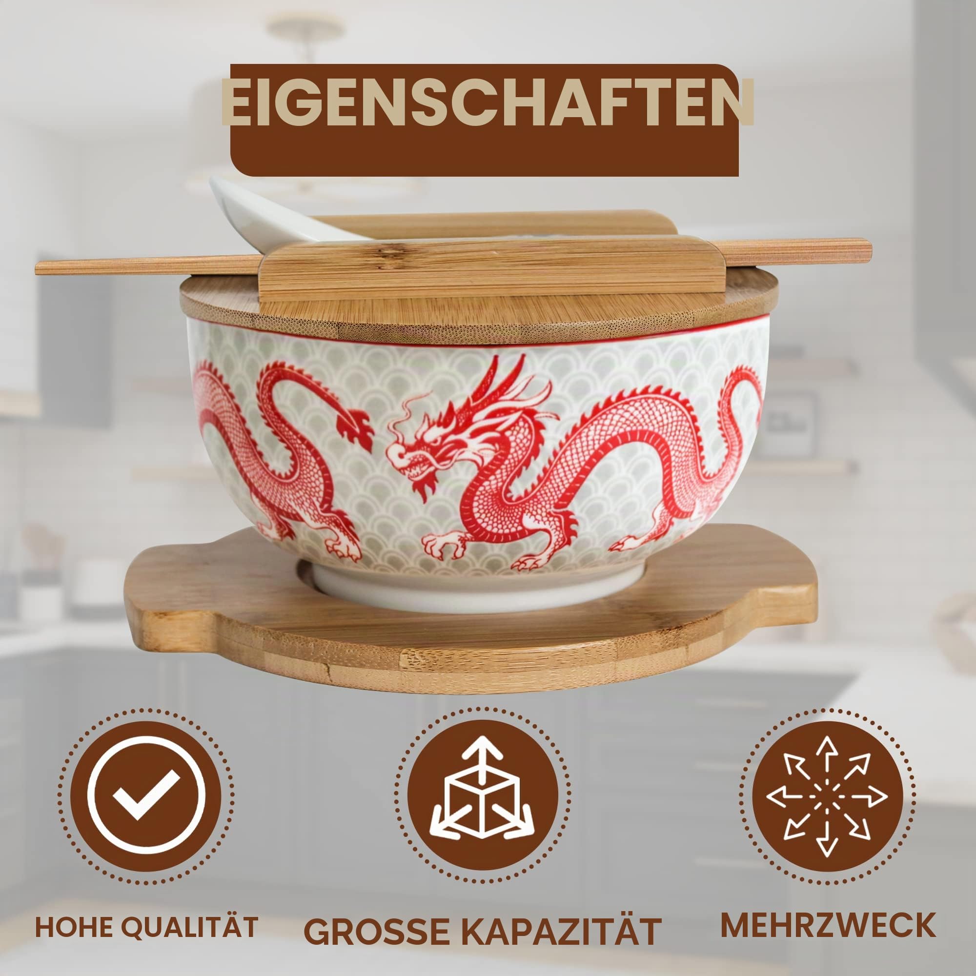 Japanisches Keramik-Ramen-Nudelschalen-Set mit Keramiklöffel, Bambus-Essstäbchen, Deckel und Untersetzer, mikrowellengeeignet, Ofensicherheit (8.4x16.8 cm D) (Red Dragon)