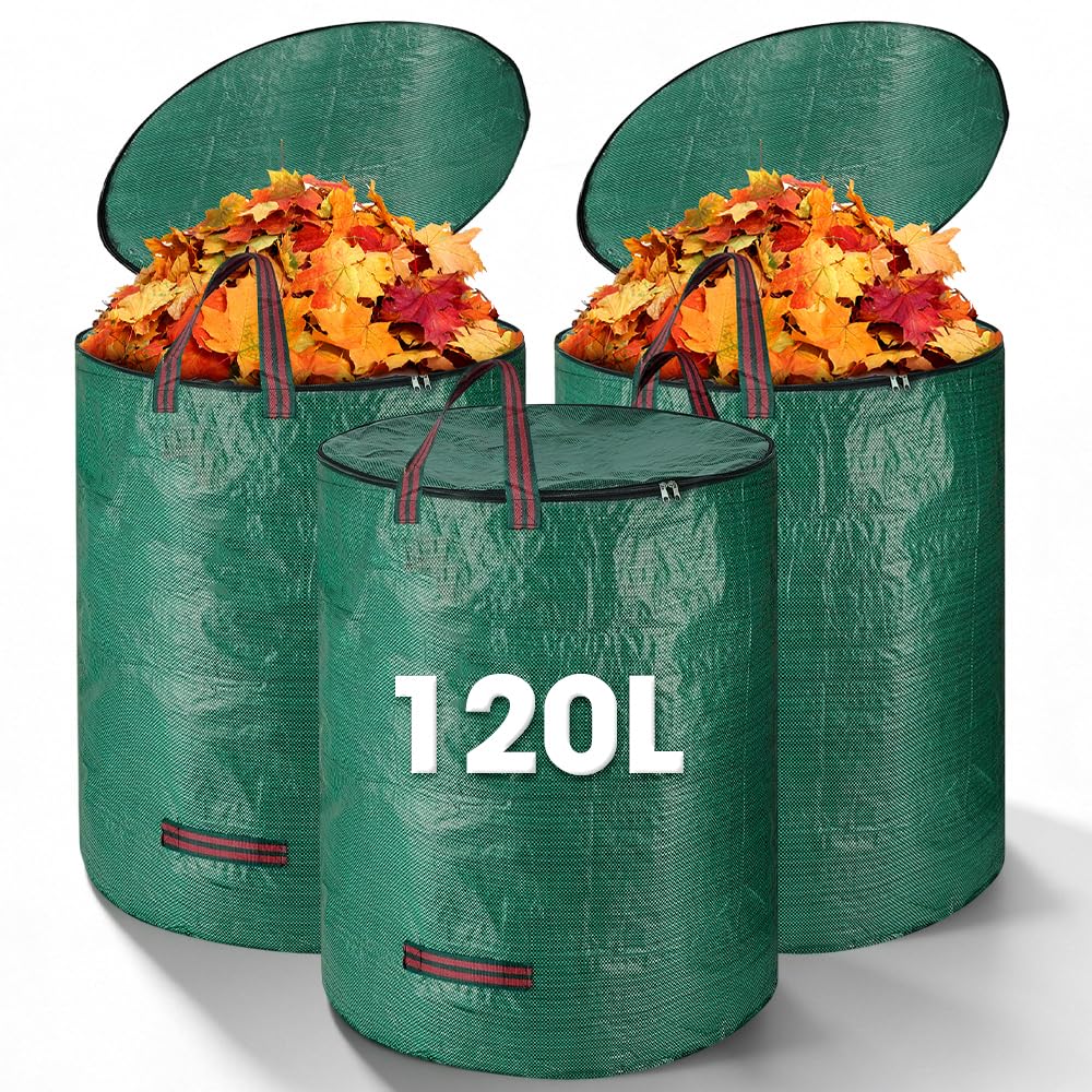 3 sacos de basura de jardín, 120 L, con tapa y asas, bolsas de basura de jardín, estables para residuos de jardín, bolsas de corte verde para césped, hojas, setos, residuos de jardín