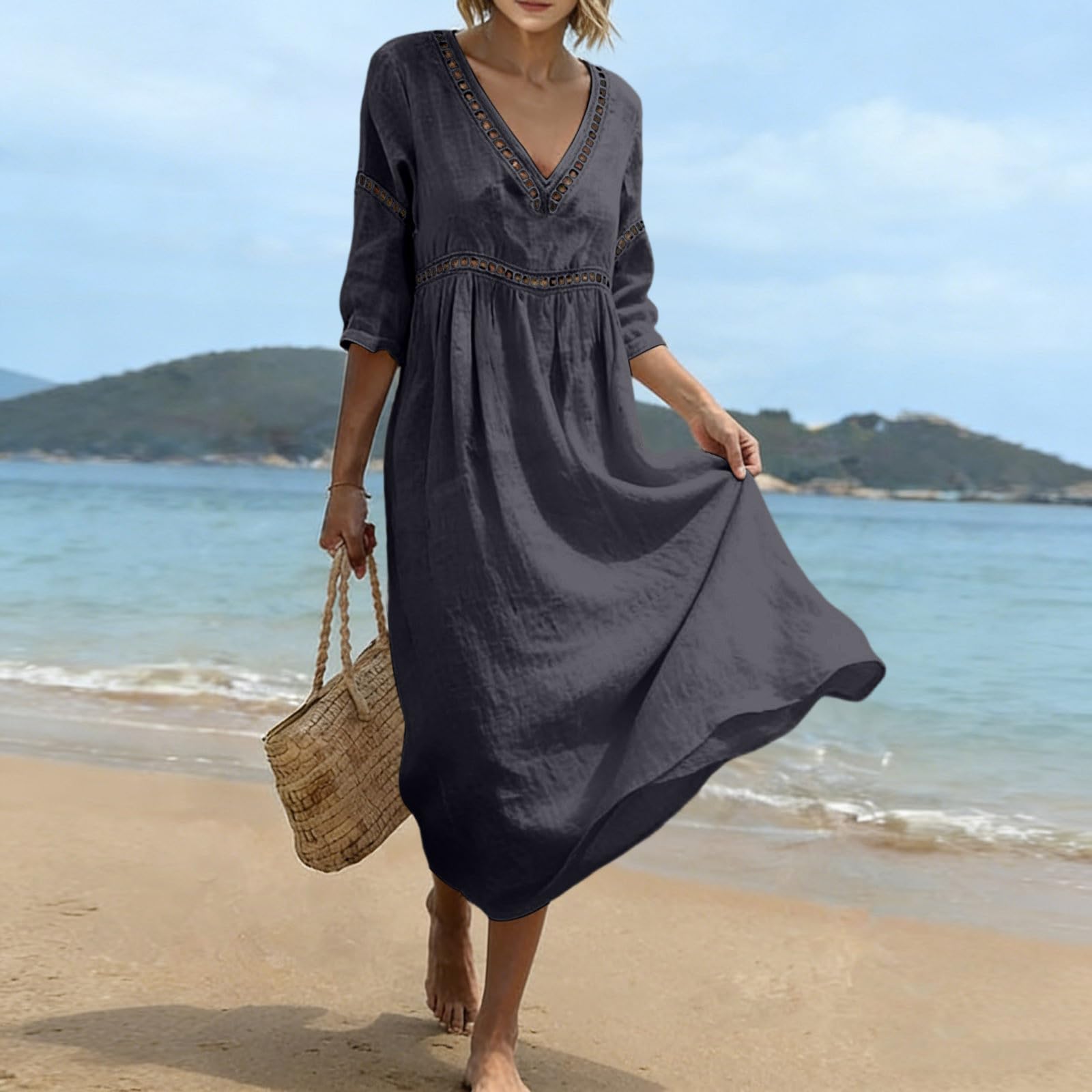 Générique Robe Coton Lin pour Femme Été Fluide Manche 7/8 Chic et Elegant Robes Col V Décontractée Grande Taille Robes Couleur Unie Respirant D'été Boheme de Plage Vacances Maxi Dress