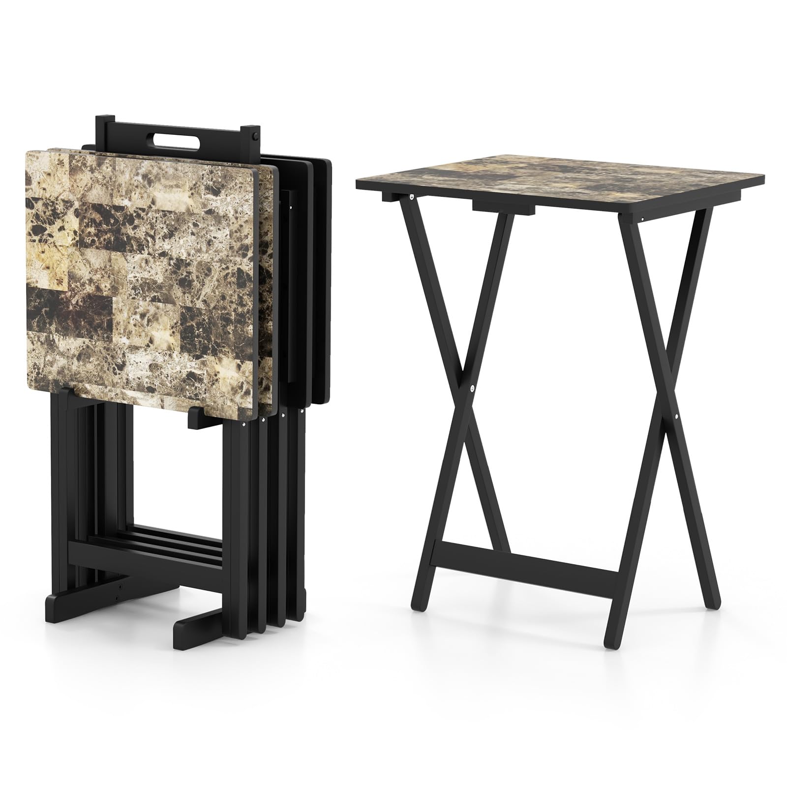 COSTWAY Folding Tables Set of 4, Faux Marble TV Dinner Tray Tables with Storage Rack and Carrying Handle, Portable Small Sofa Side Table Laptop Coffee Snack Tables for Indoor Outdoor, 48x40x67cm