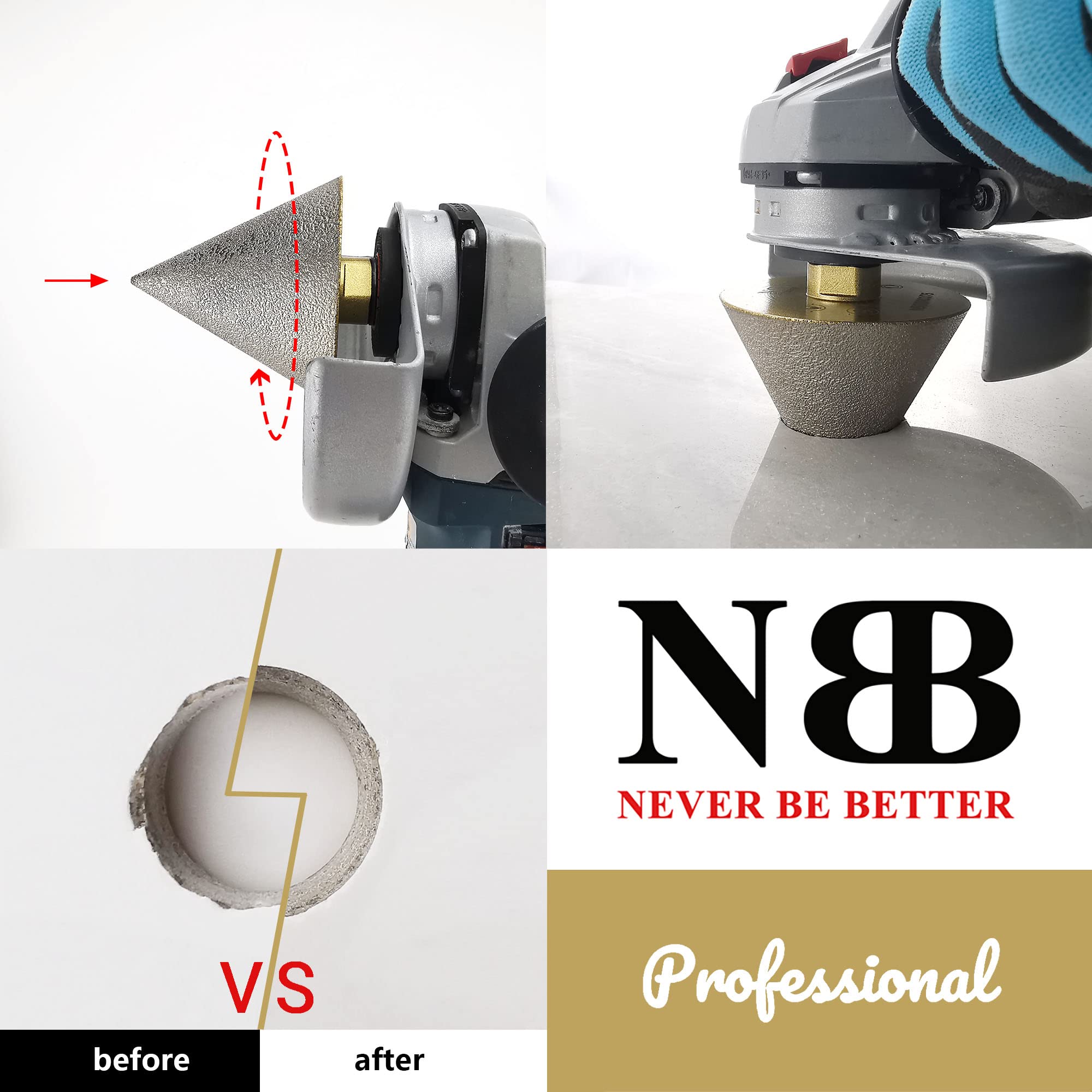 NBB vakuumgelöteter Diamant-Fasfräser mit M14 für Winkelschleifer, Diamant-Reibahle, zum professionellen Trocken- oder Nassfasen auf Porzellan, Keramik, Fliesen, Granit, Marmor, zum Lochfräsen(1,CB75)
