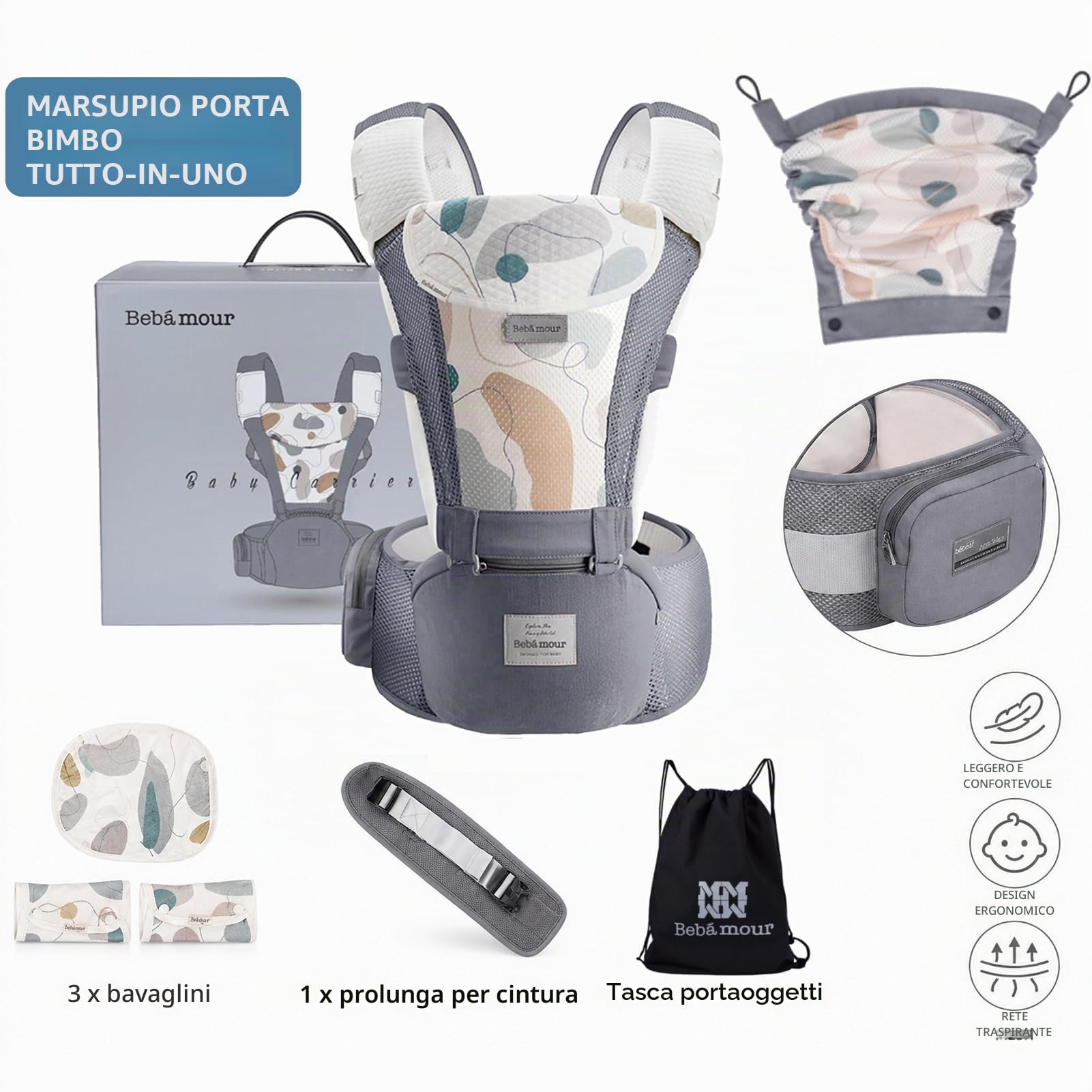 Bebear Marsupio,Bebamour Marsupio per 0-36 mesi, marsupio traspirante da neonato a bambino, approvato dagli standard di sicurezza, seggiolino ergonomico 6 in 1 anteriore (New Air Grey)