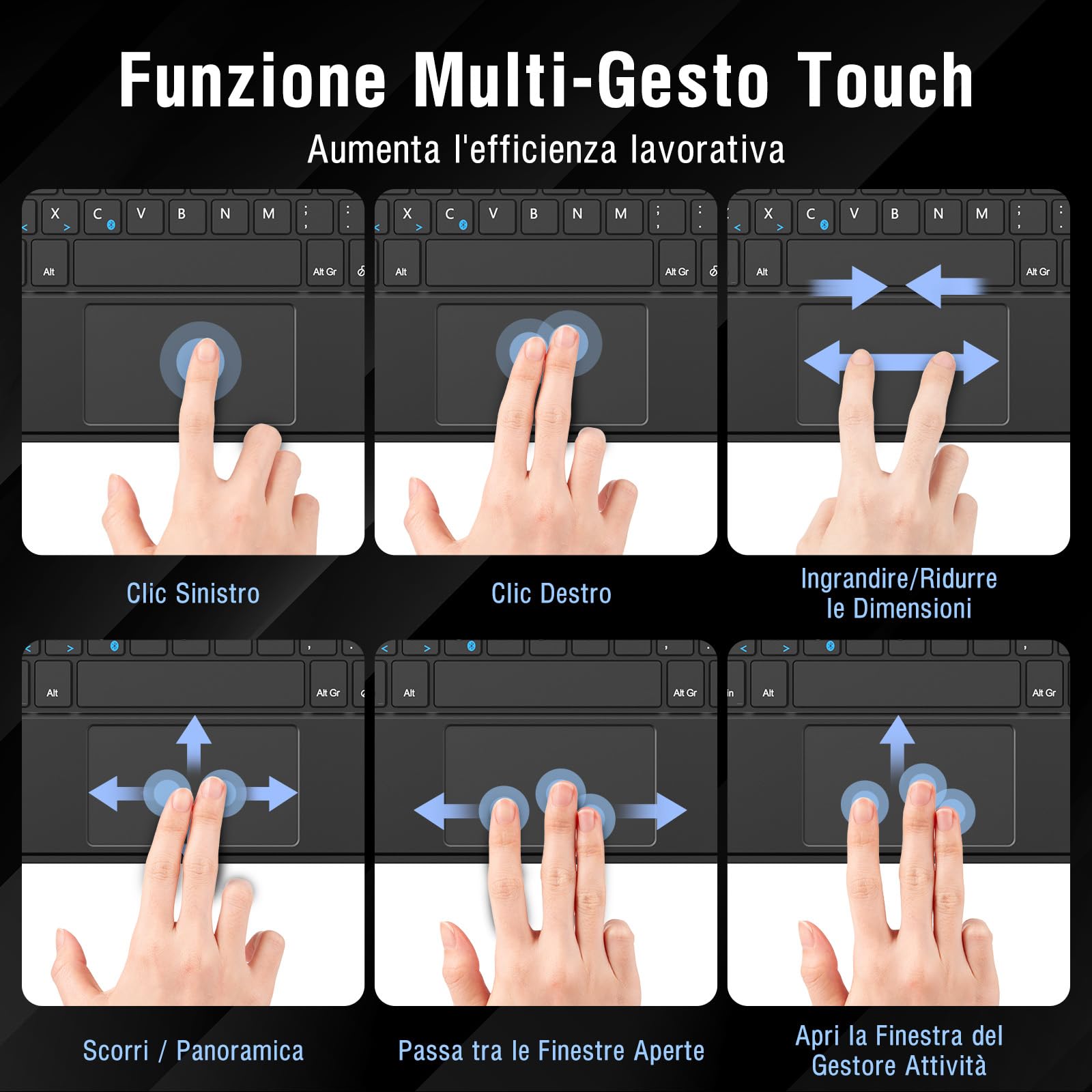 1 BY ONE Diafield Tastiera Bluetooth Wireless Ultra Sottile con Multi Touch Integrato Touch Pad e Batteria Ricaricabile per Android IOS e Windows, Tastiera Wireless, Nera