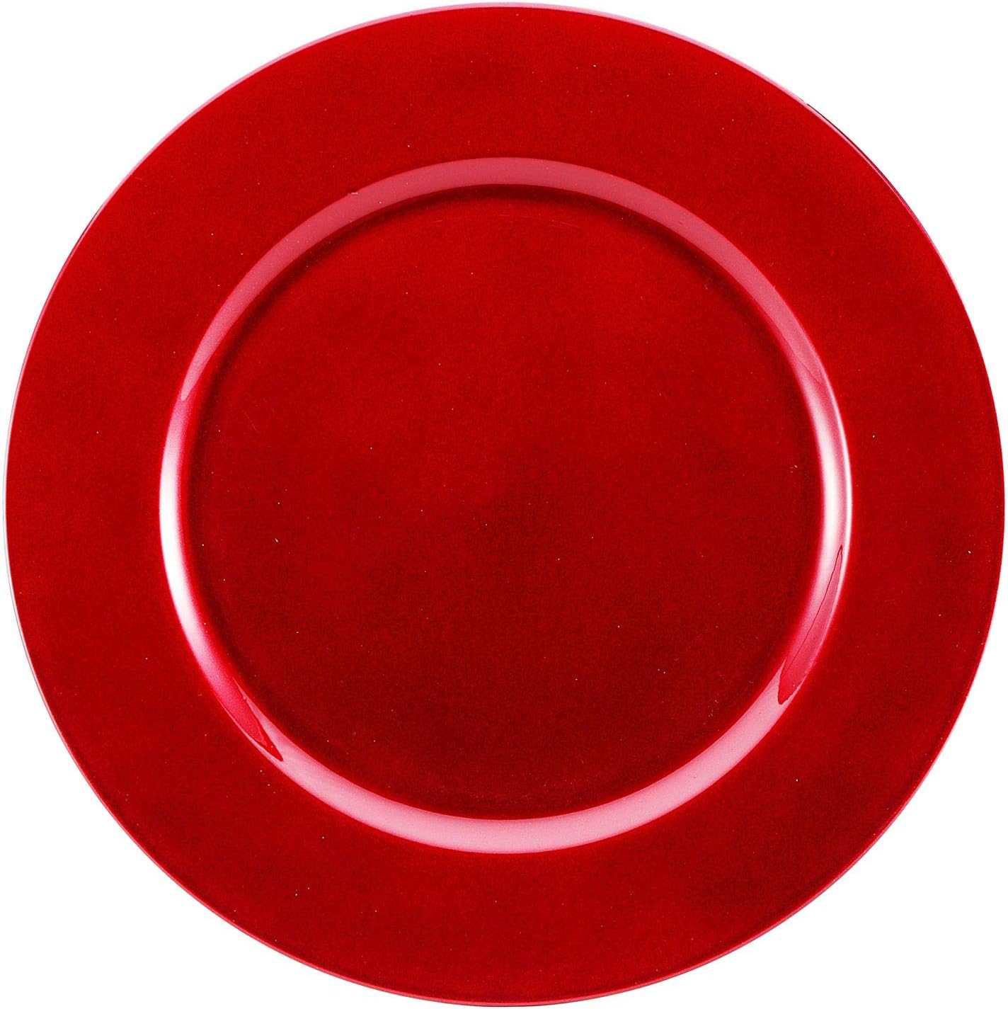 Decorative Reusable Plastic Charger Plates - Metallic Red Shimmer Effect - 33cm Diameter - Set of 6 Plates