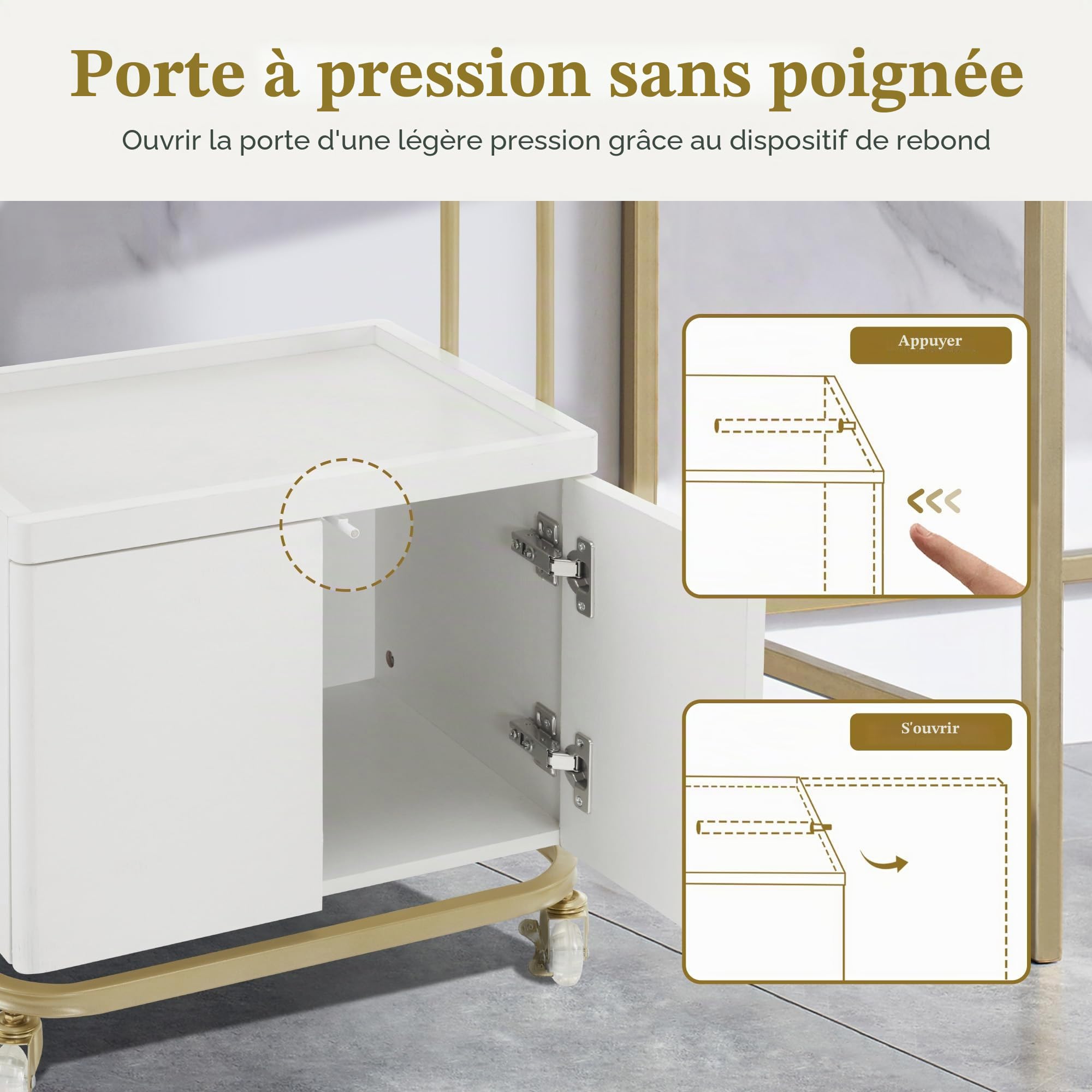 MCombo Chariot de Service avec roulettes & tiroir, Chariot de Coiffure Blanc-doré, 36x50x87cm