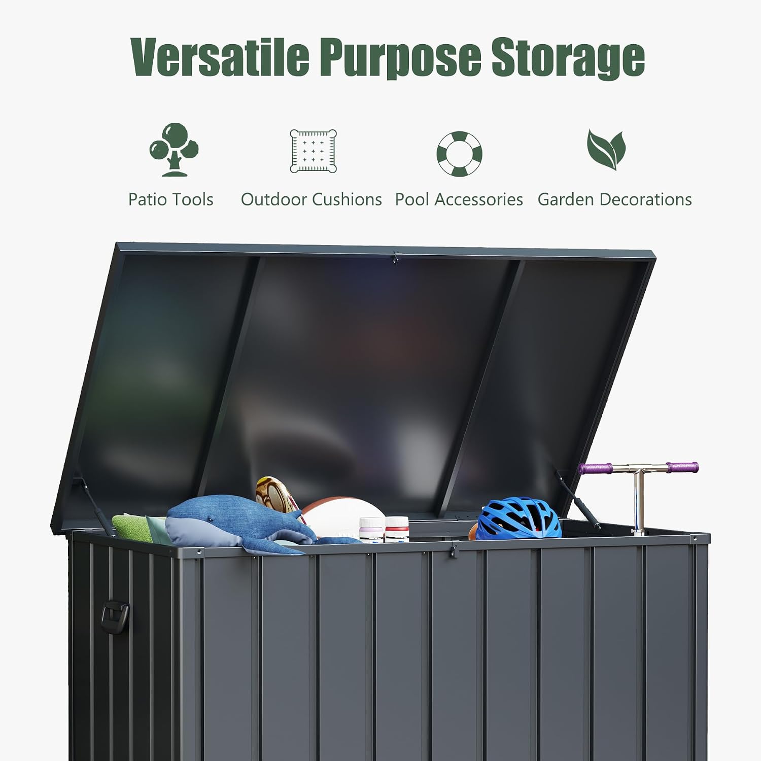Domi Deck Box Outdoor 150 Gallon, Waterproof Lockable Steel Outdoor Storage Container for Outside Cushions, Garden Tools and Pools Equipment, Gray
