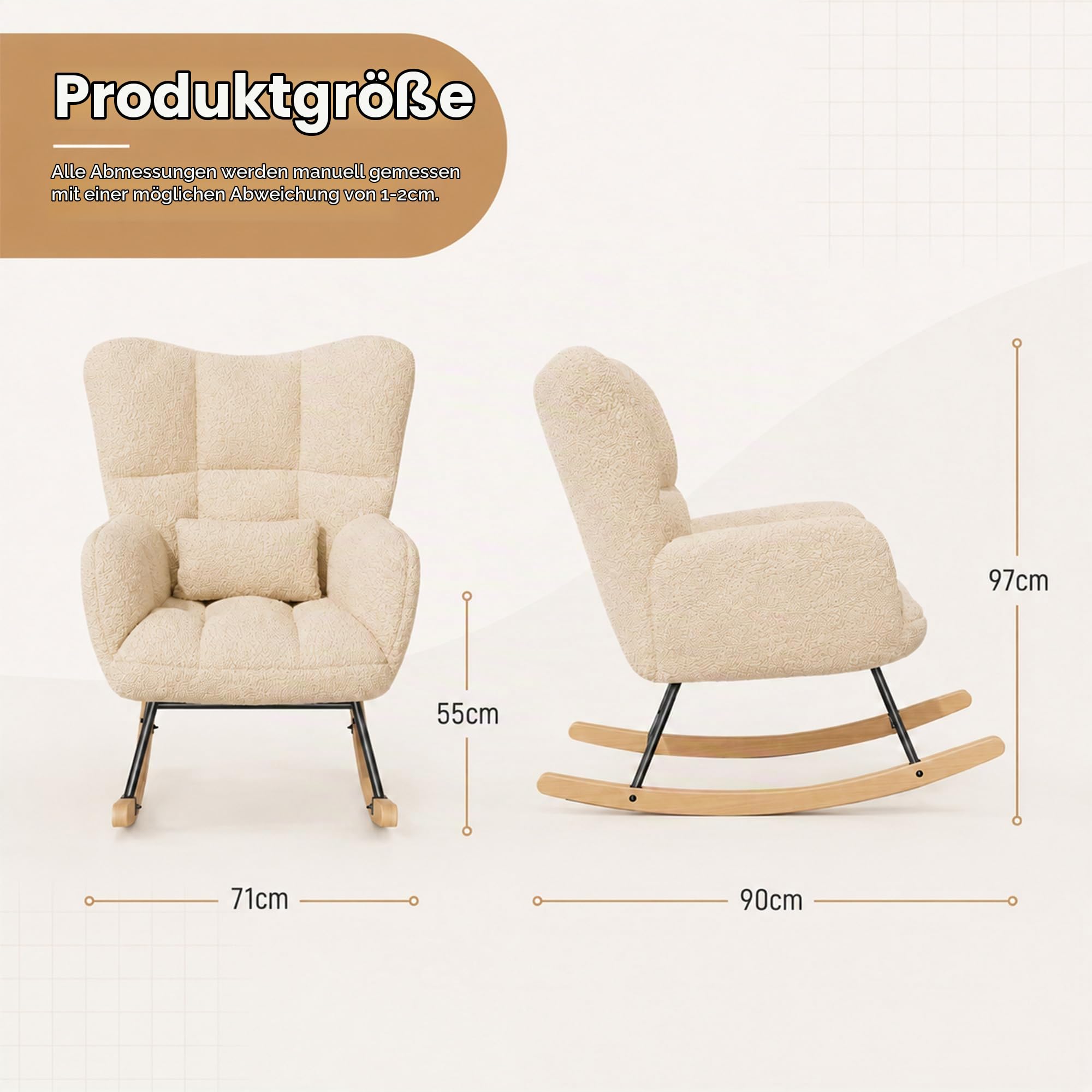 Schaukelstuhl, Loungesessel, Stillstuhl, Wohnzimmersessel, Schaukelsessel aus Teddy-Stoff mit Metallgestell & Holzschaukel und Lendenkissen, Beige