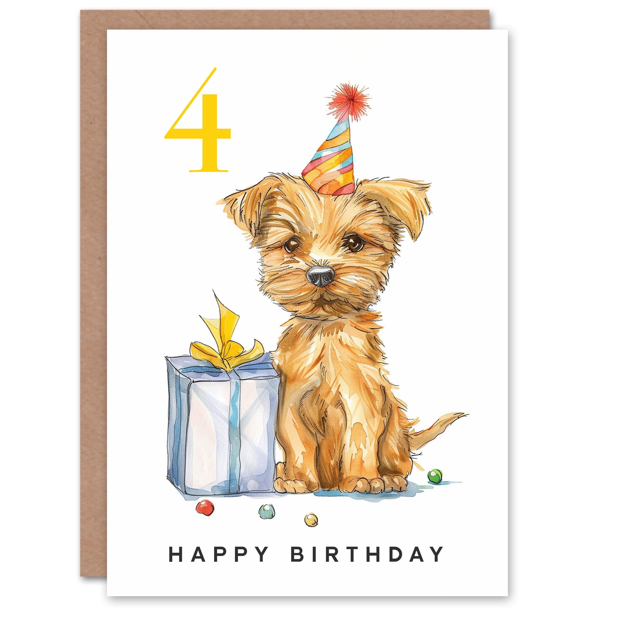 Artery8 4th Birthday Card Cute Terrier Dog Puppy Party Hat Kids Age 4 Year Old Child For Son Daughter Girl Boy Happy Card