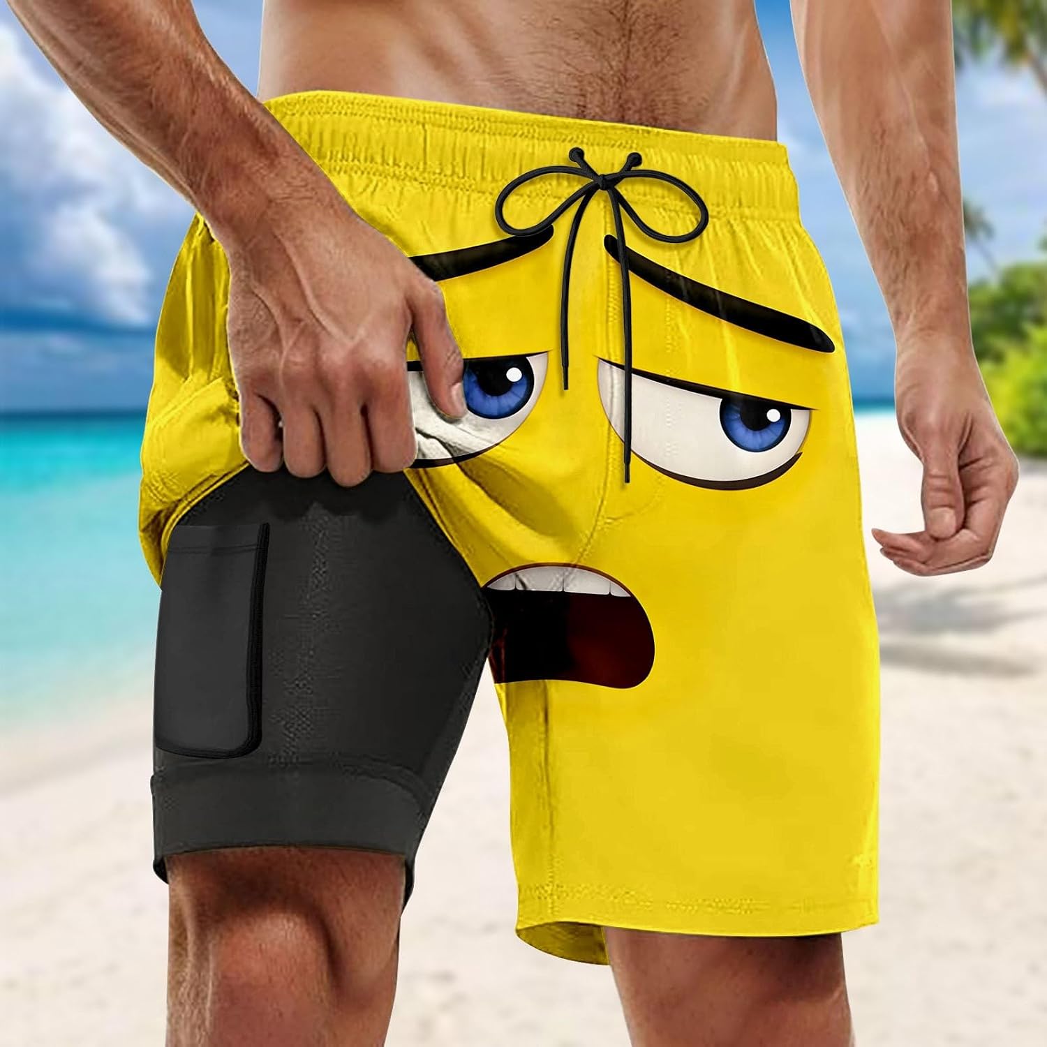 Mens Funny Beach Shorts Novelty Expression Print Swimming Trunks Summer Vacation Elastic Waist Quick Dry Board Short
