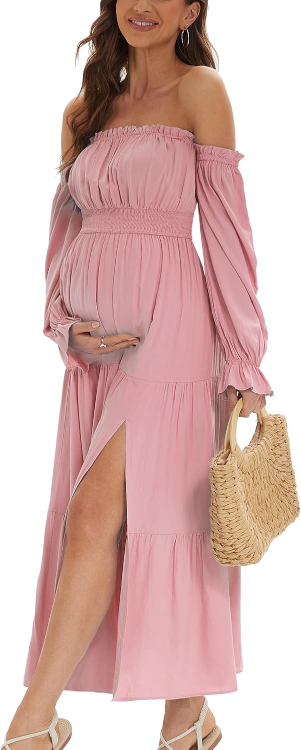 Summer Boho Off Shoulder Maternity Dresses, Long Sleeve Side Split Flowy Tiered Maxi Dress for Baby Shower Photoshoot Dress Pink M - Image 4