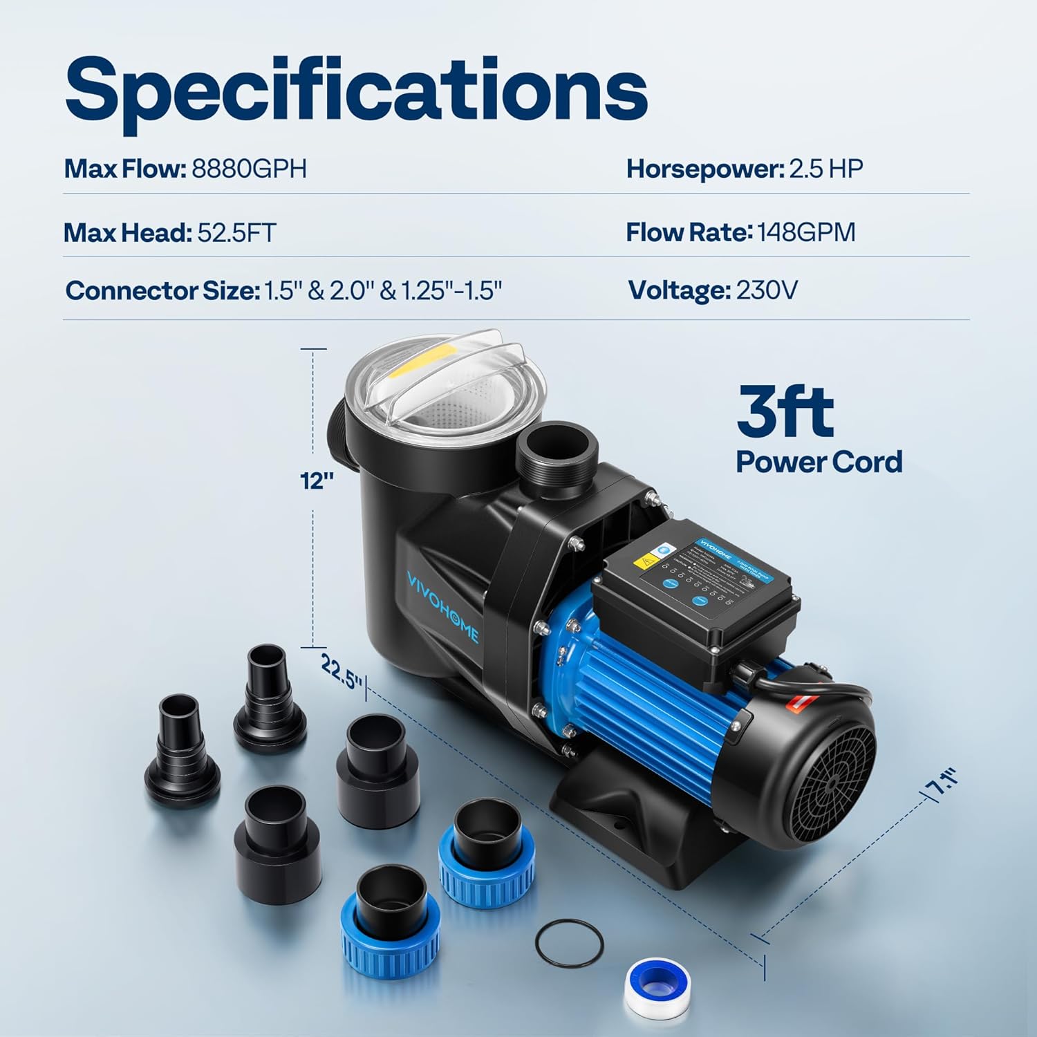 VIVOHOME Self Primming in/Above Ground Swimming Pool Pump w 1.25'' & 1.5" & 2.0'' Unions Energy Saving w/Strainer Baske, 8880 GPH