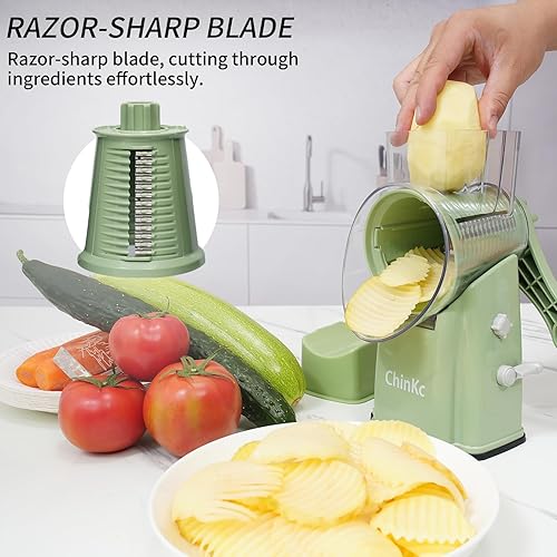 Miniatura 7 de Rallador rotativo de queso mejorado con asa, base de succión fuerte, rebanador giratorio multiusos con 5 cuchillas intercambiables para hielo,