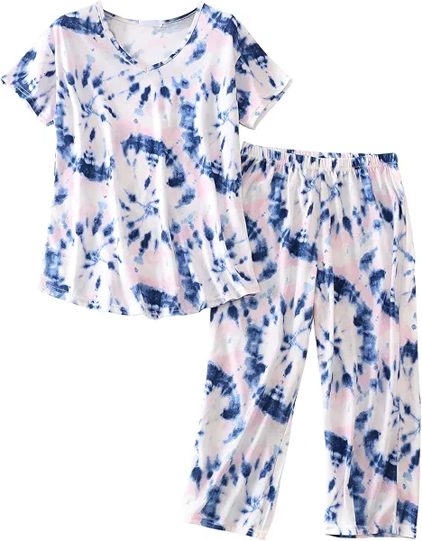 SISKIN Womens Pajama Sets - Capri Pajamas for Women Set Plus Size Sleepwear Tops with Capri Pants Summer Pjs Sets Tie Dye Indigo Pink M