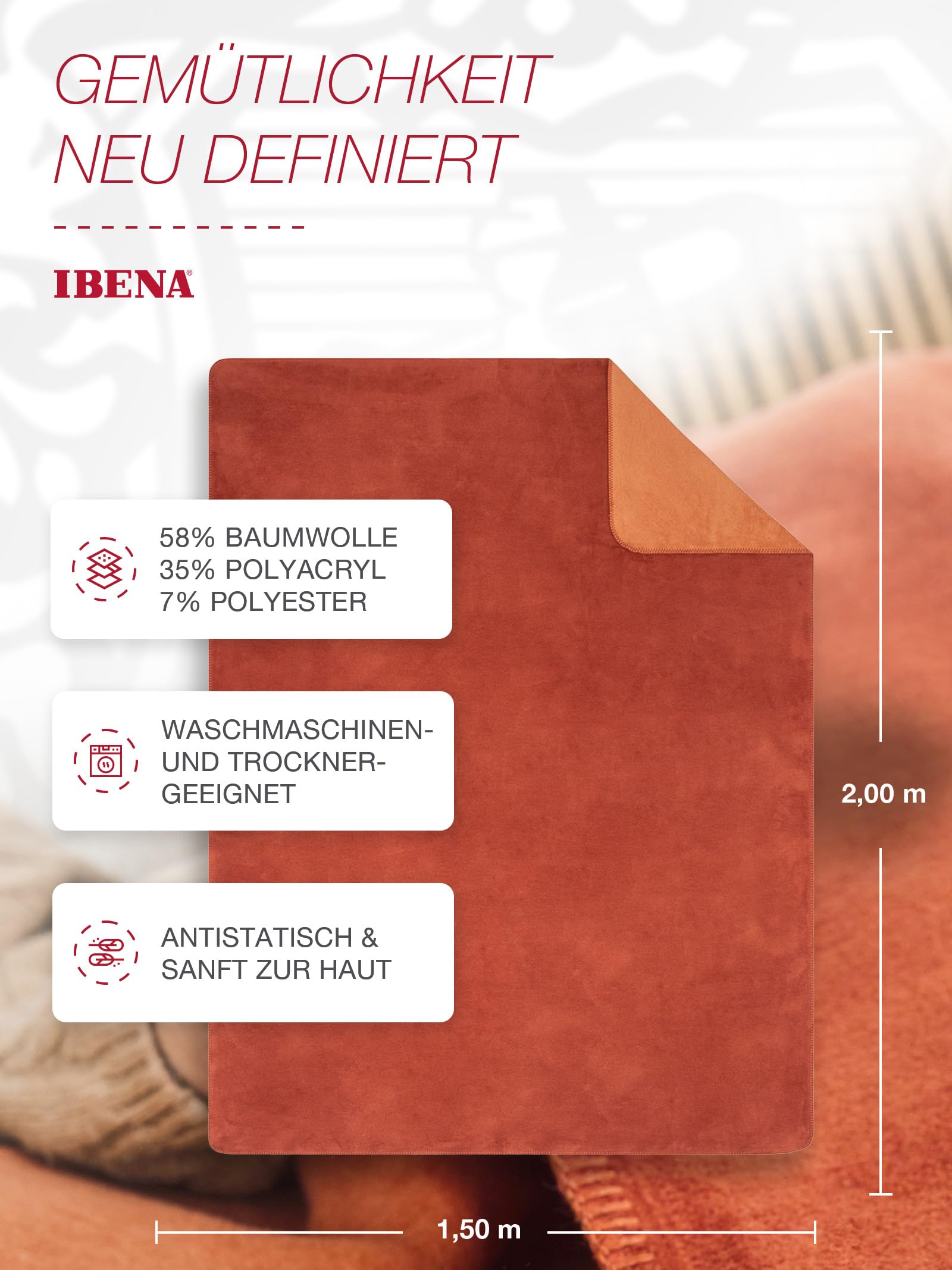 Ibena Dublin Decke 150x200 cm - Baumwollmix kuschelig, warm & waschbar, Wendedecke Terracotta orange