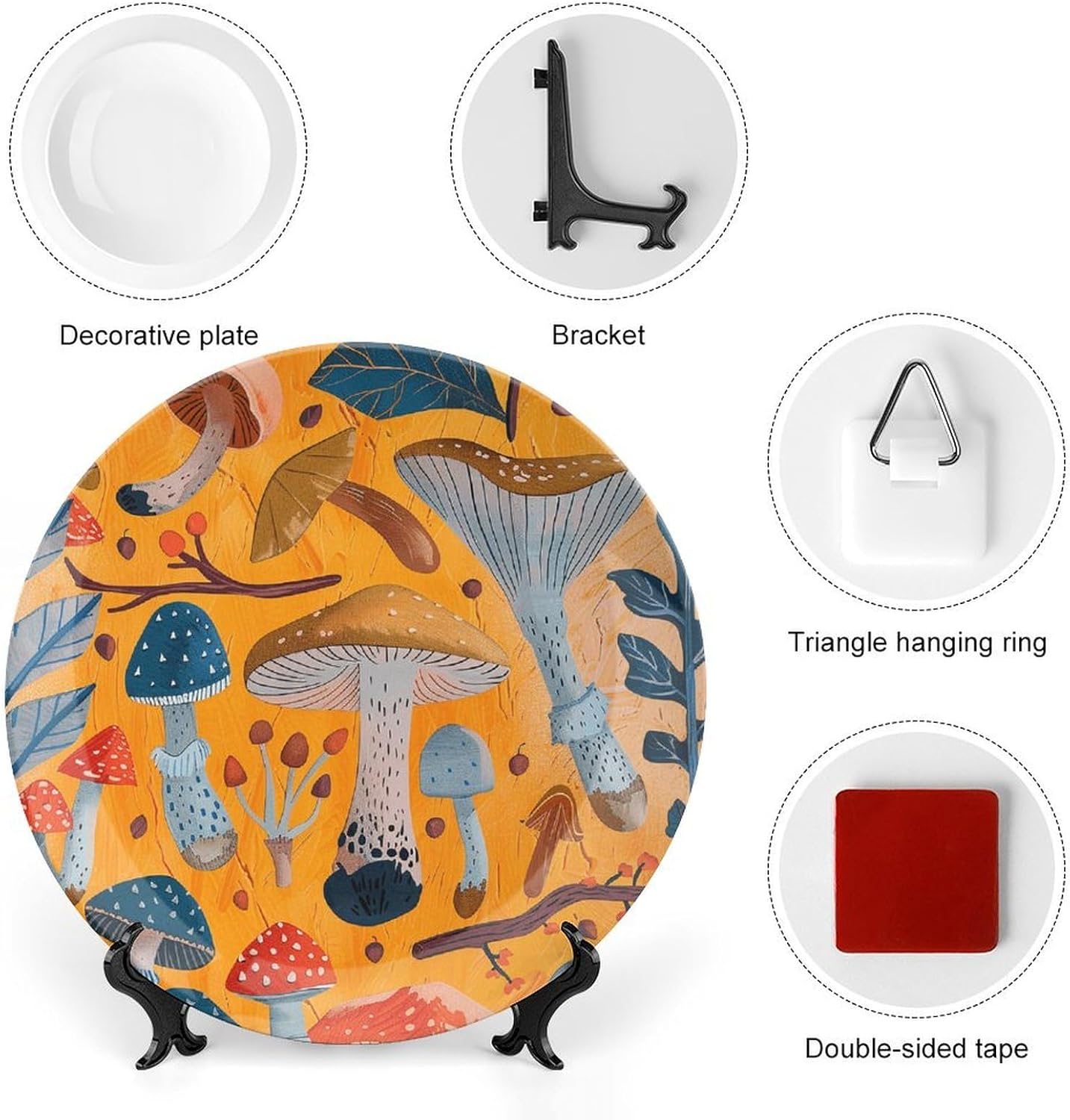 Various Mushrooms Ceramic Plate 10inch Decorative Bone China Wall Hanging Ornament Plates Bohemian Style Dinner Plate with Display Stand Cabinet Display Plates for Home Art Decor