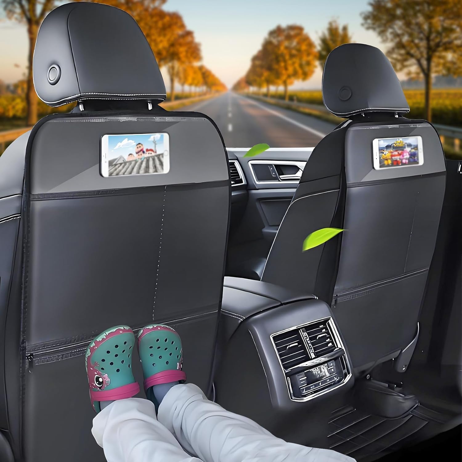 PSLER Kick Mats Anti-Kick Pad Car Seat Protector Back Seat Organizers PU Leather Waterproof Touch Screen Visual IHolder Pets Storage Universal SUV Minivan Truck Car Travel Accessories-2 Pack