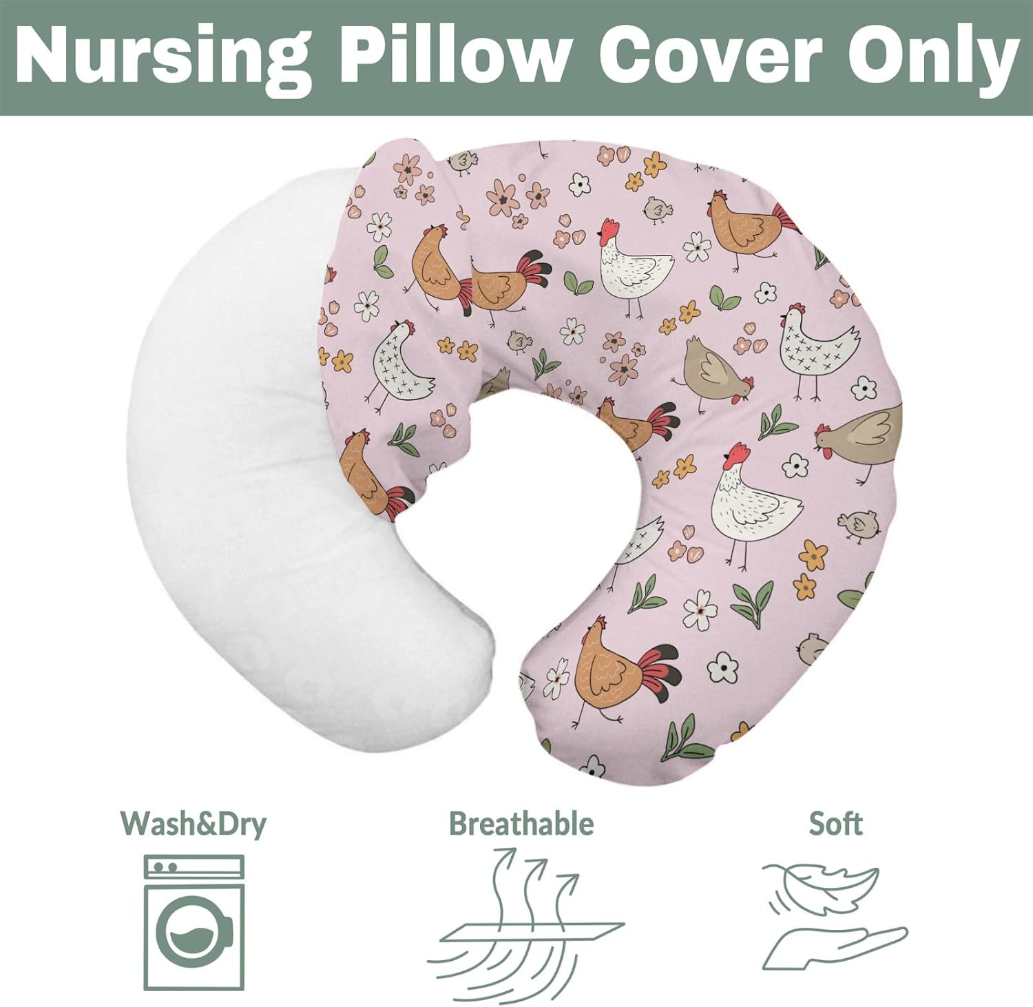 Cute Chicken Boho Floral Baby Nursing Pillow Covers for Boy Girl Chickens Flowers Leaves Nursery Slipcovers for Breastfeeding Pillows Farm Animal Soft Stretchy Removable Cover for Newborn Infant