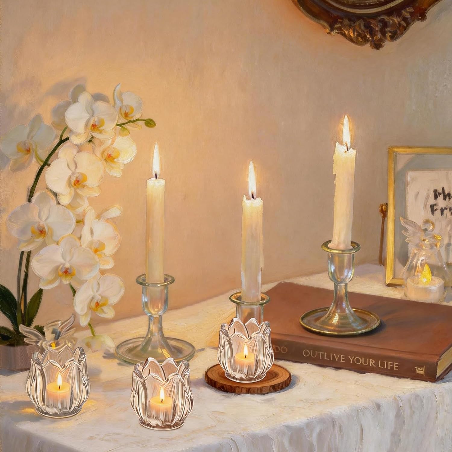 26 Pcs Clear Votive Candle Holders, Glass Flower Tealight Candle Holder Thick Glass Tea Light Candles Holder Bulk for Wedding Decor Birthday Anniversary Parties and Holiday