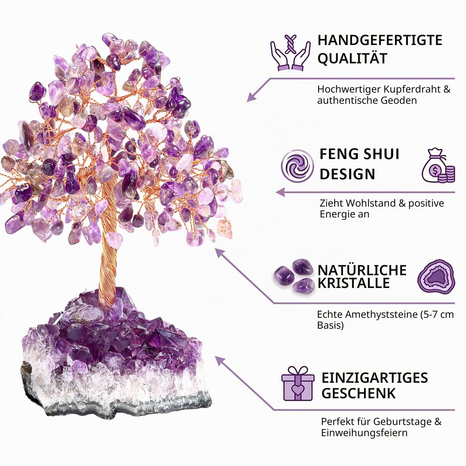 Amethyst Kristallbaum, handgefertigter Edelsteinbaum Lebensbaum, 16 cm Feng Shui Geldbaum Deko für Büro, Wohnzimmer und Schreibtisch, Geschenk für Frauen(Amethyst)